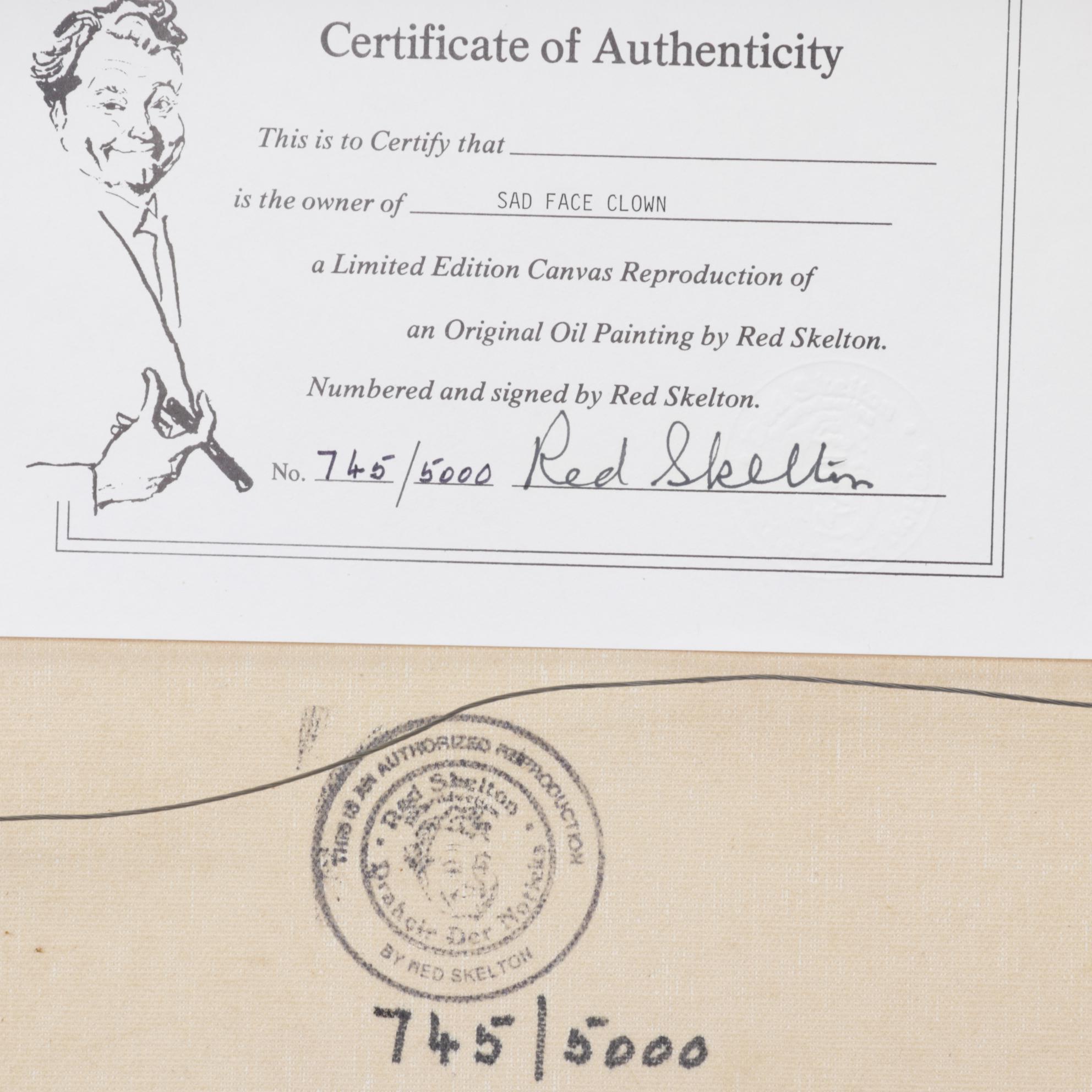 Red Skelton Embellished Offset Lithograph "Sad Face Clown"