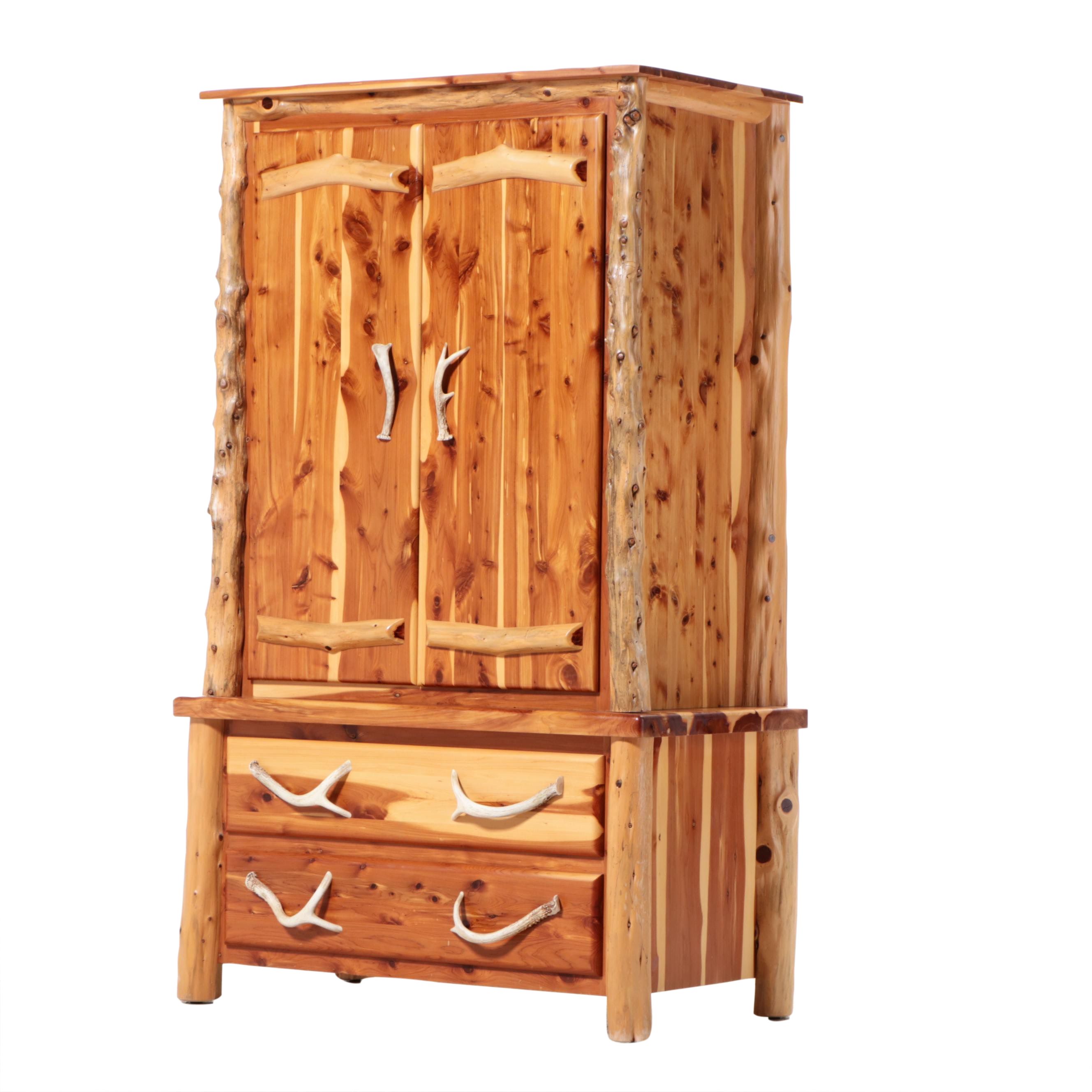 Amish-Made Cedar and Faux Antler Two-Part Armoire