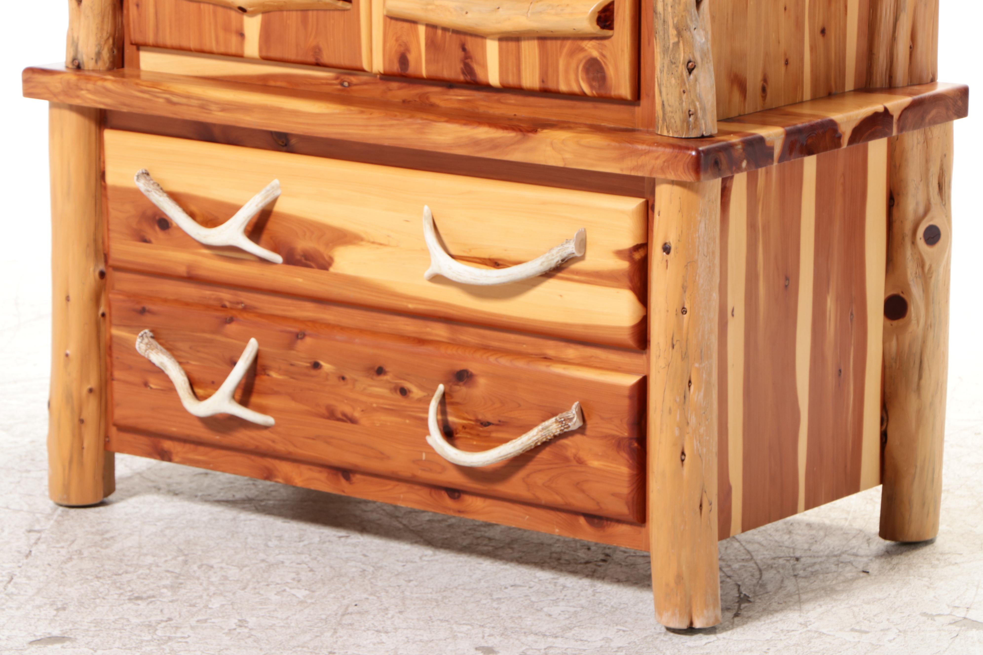 Amish-Made Cedar and Faux Antler Two-Part Armoire