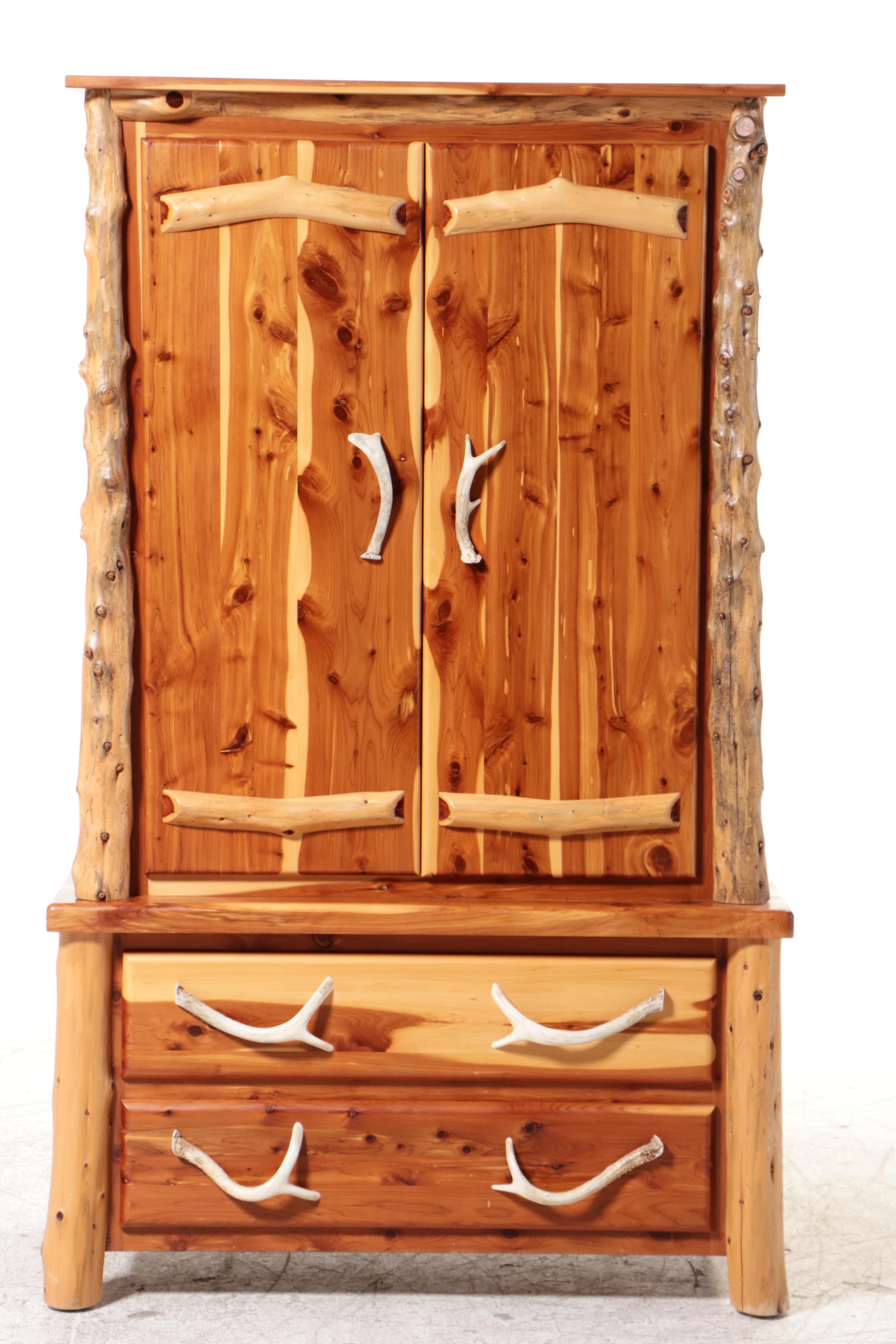 Amish-Made Cedar and Faux Antler Two-Part Armoire