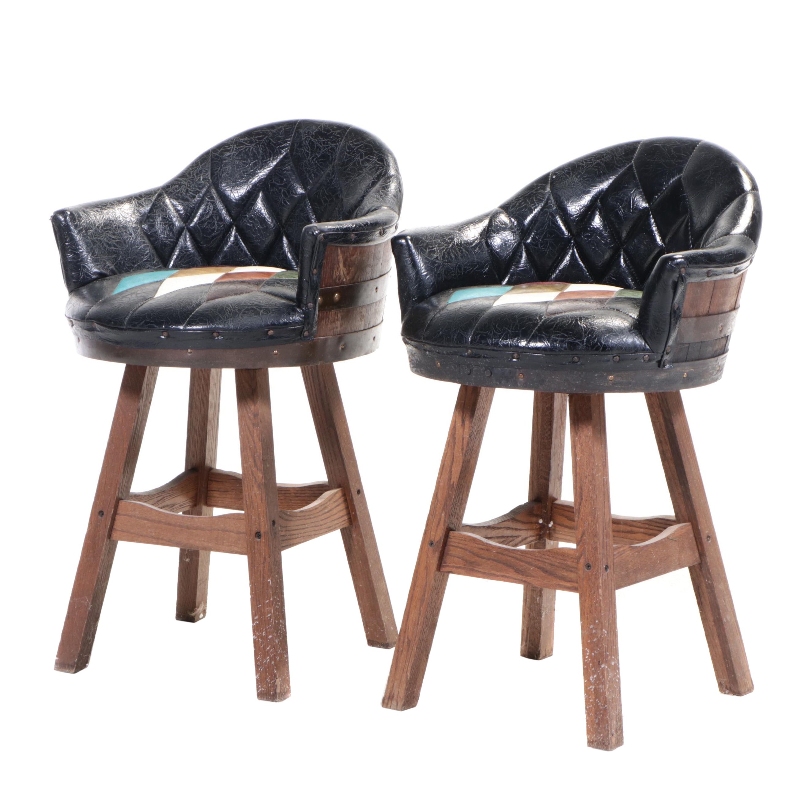 Pair of Brothers Furniture Oak & Vinyl Swivel Whiskey Barrel Counter Stools