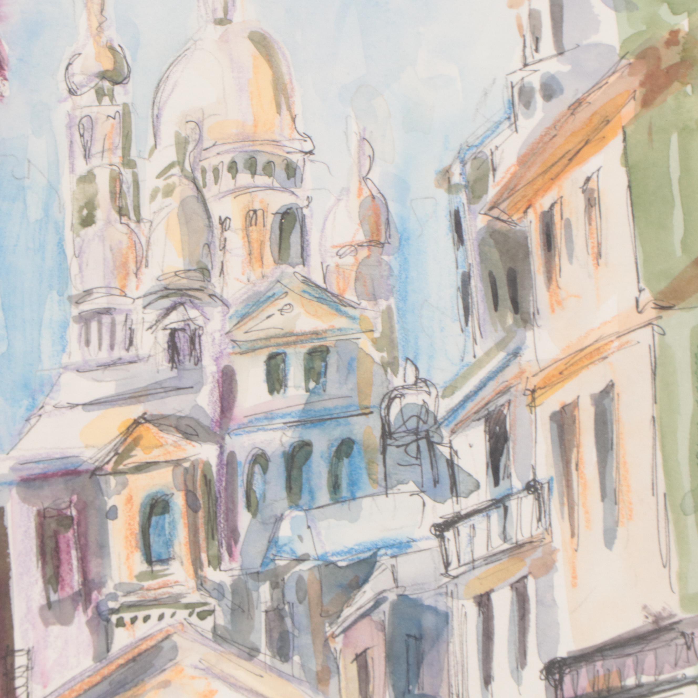 Pair of Jean Vance Watercolor Paintings of Paris Cityscapes