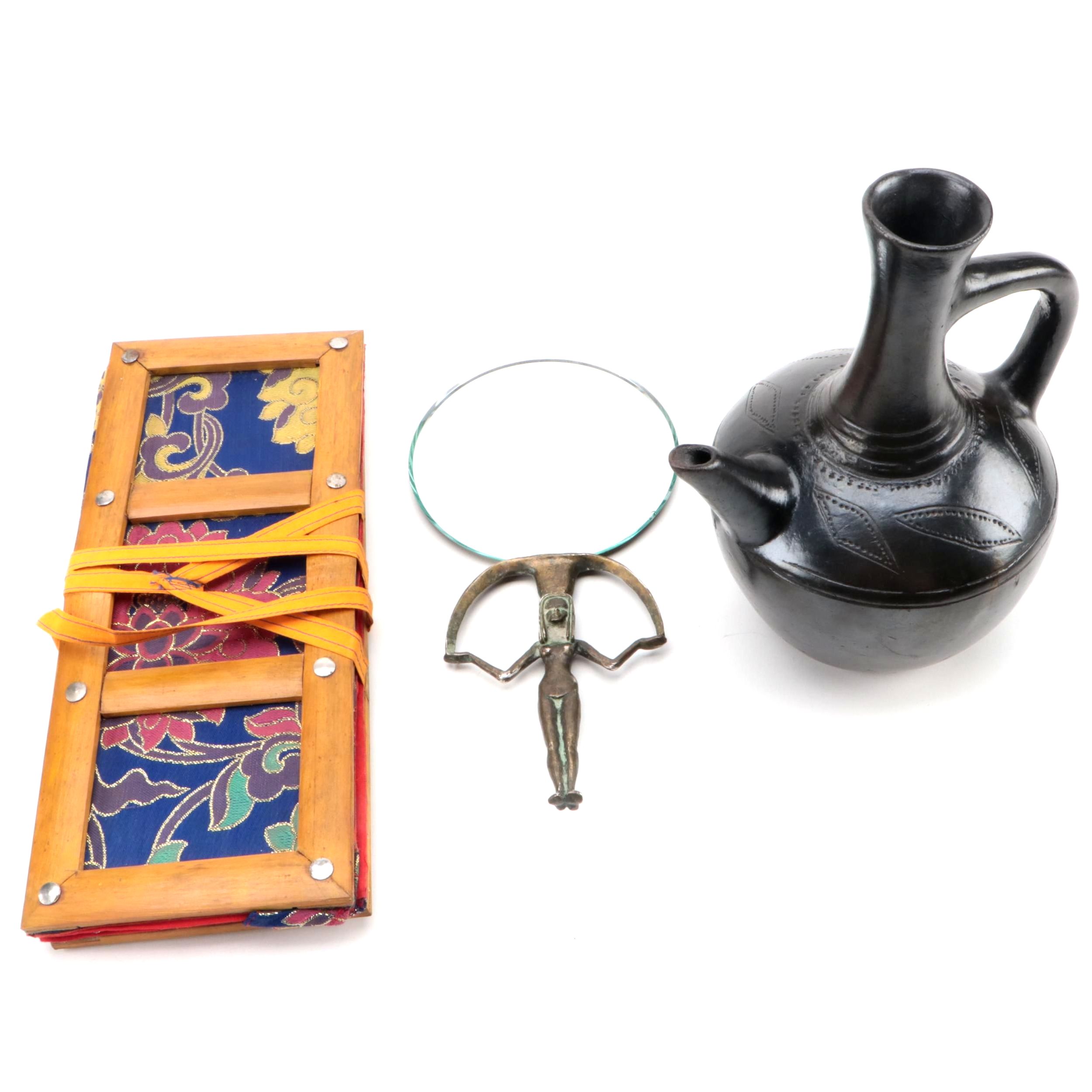 Ethiopian Ceramic Jebena with Embroidered Fabric Tibetan Pecha and Mirror