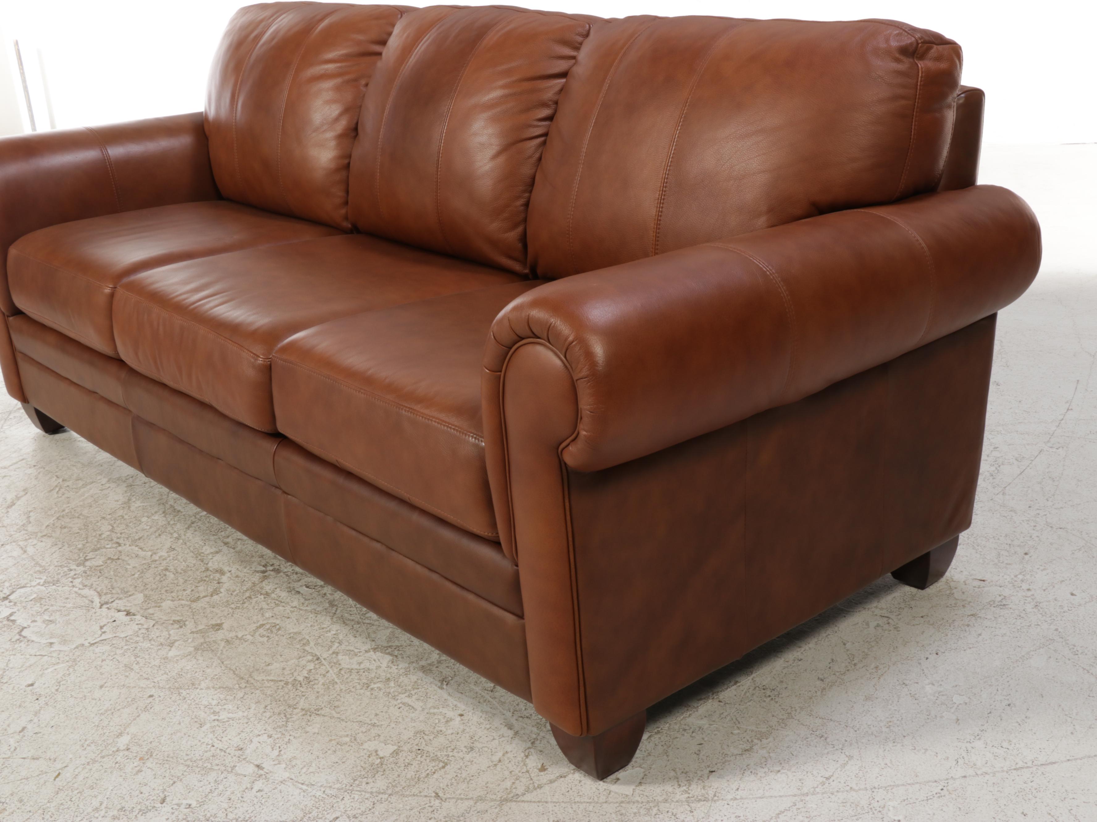 Ethan Allen Brown Leather Roll-Arm Sofa