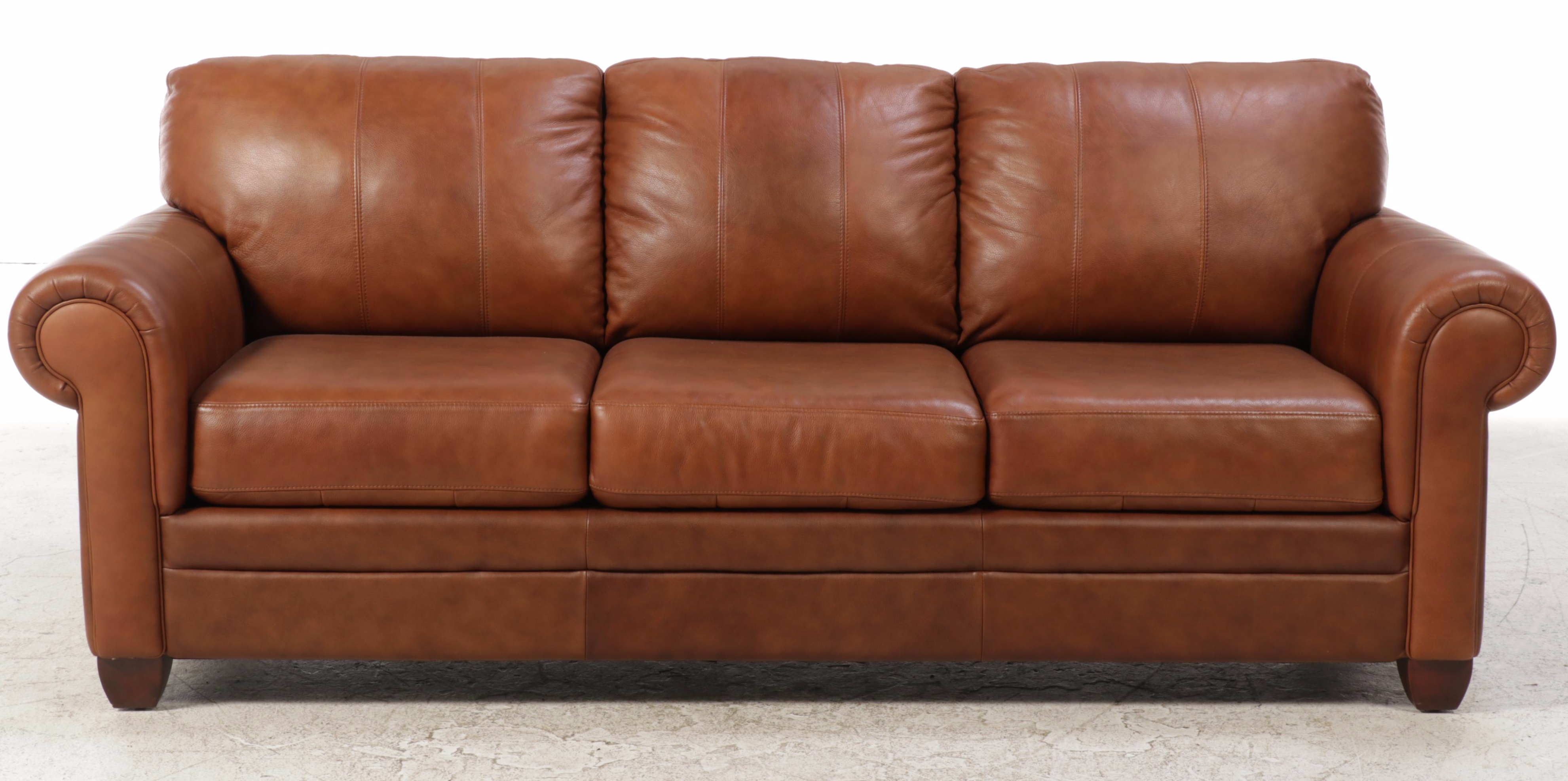 Ethan Allen Brown Leather Roll-Arm Sofa