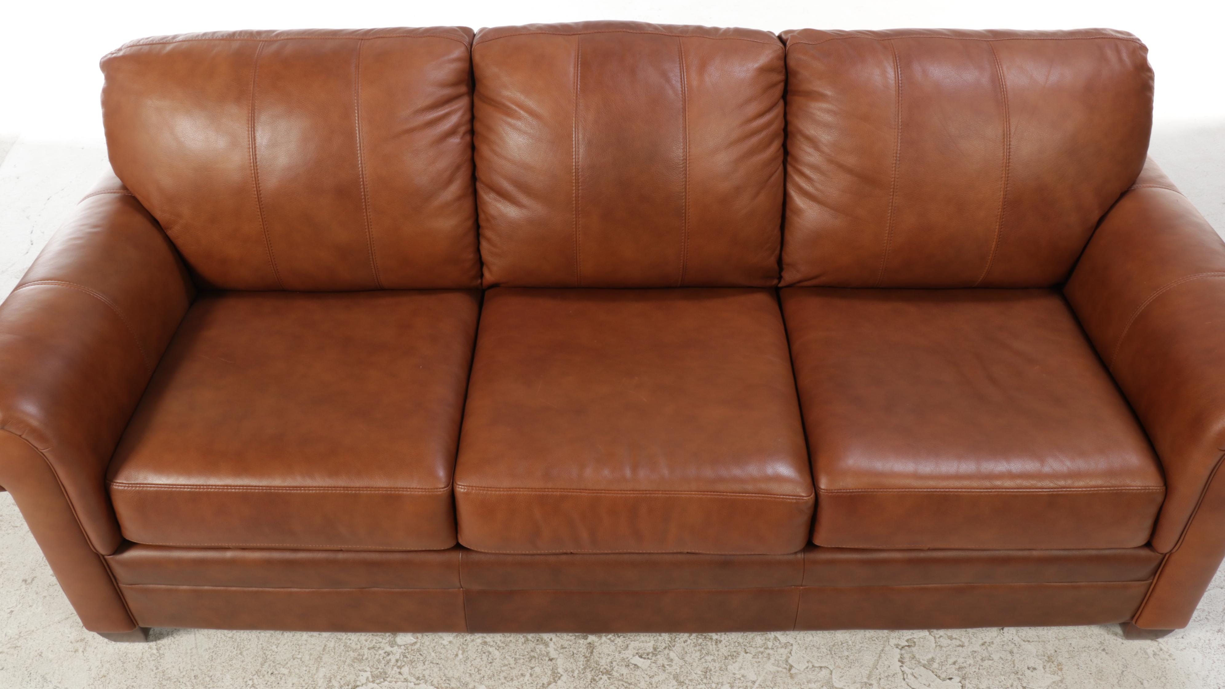 Ethan Allen Brown Leather Roll-Arm Sofa