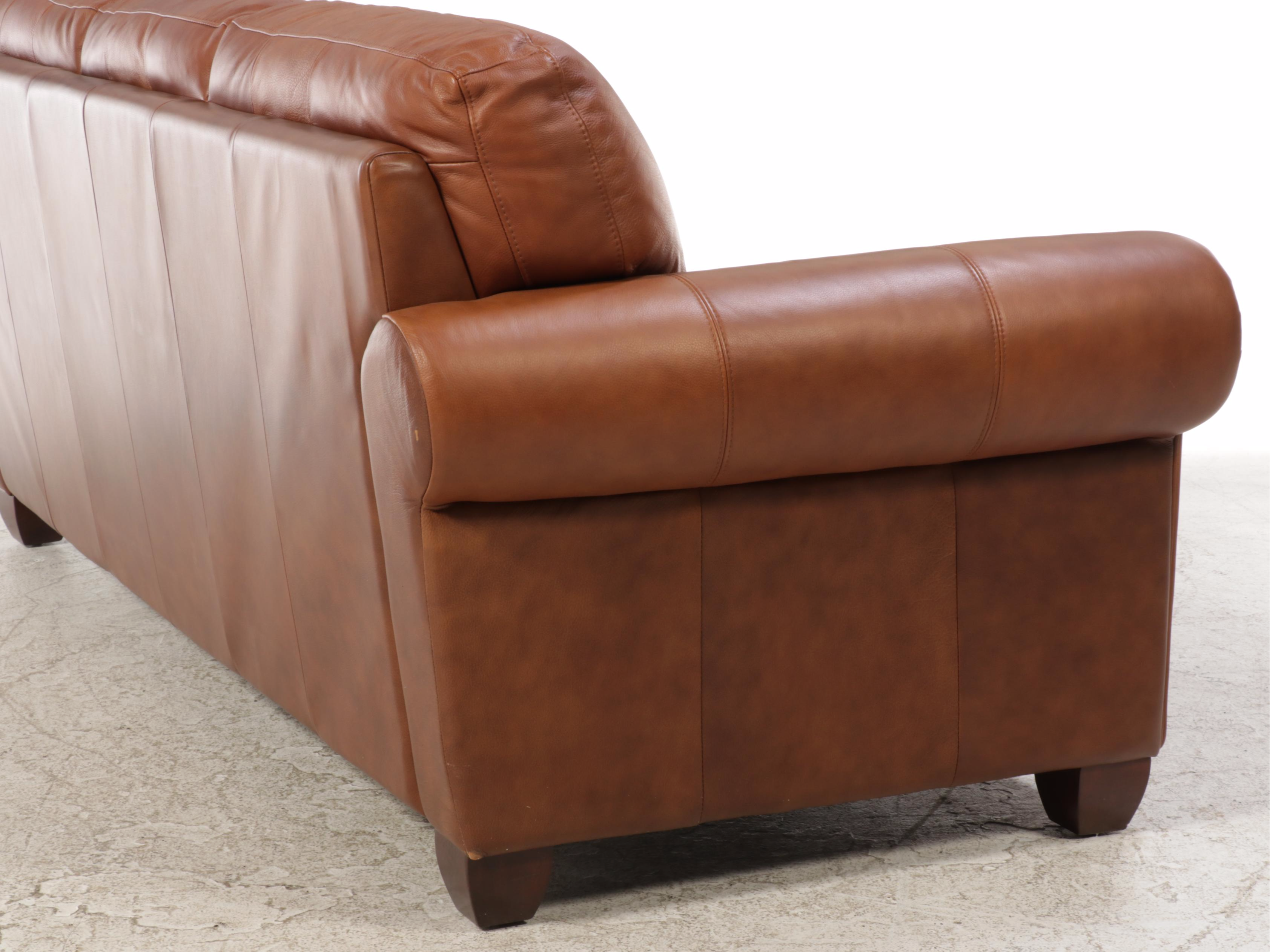 Ethan Allen Brown Leather Roll-Arm Sofa