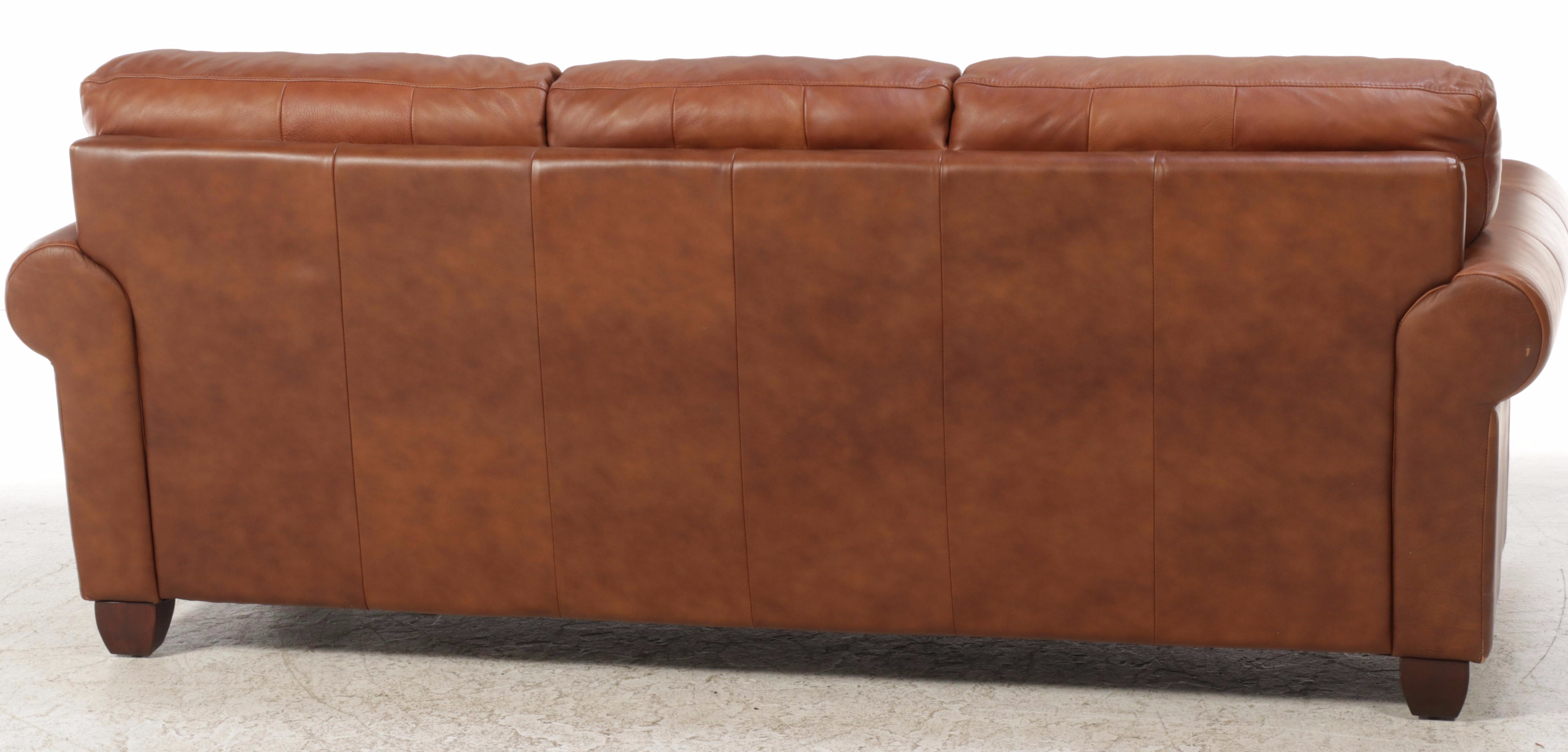 Ethan Allen Brown Leather Roll-Arm Sofa