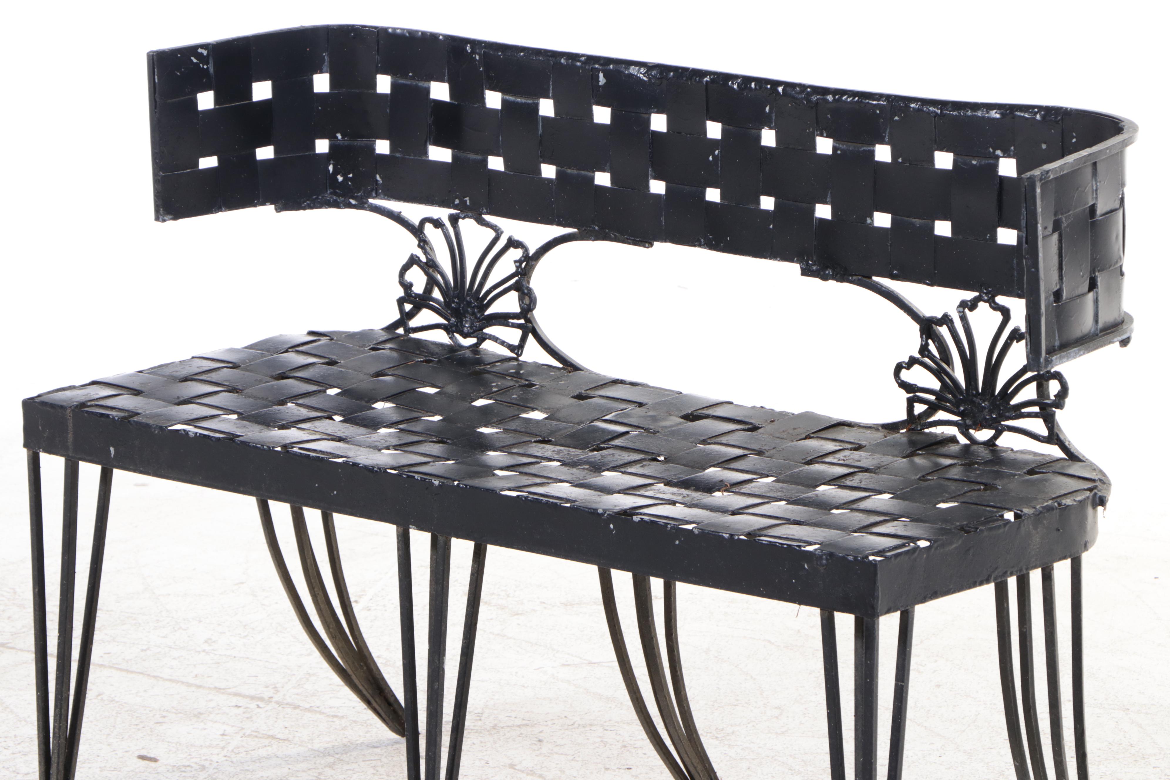 Neoclassical Style Wrought Iron and Metal Strap "Basketweave" Garden Bench