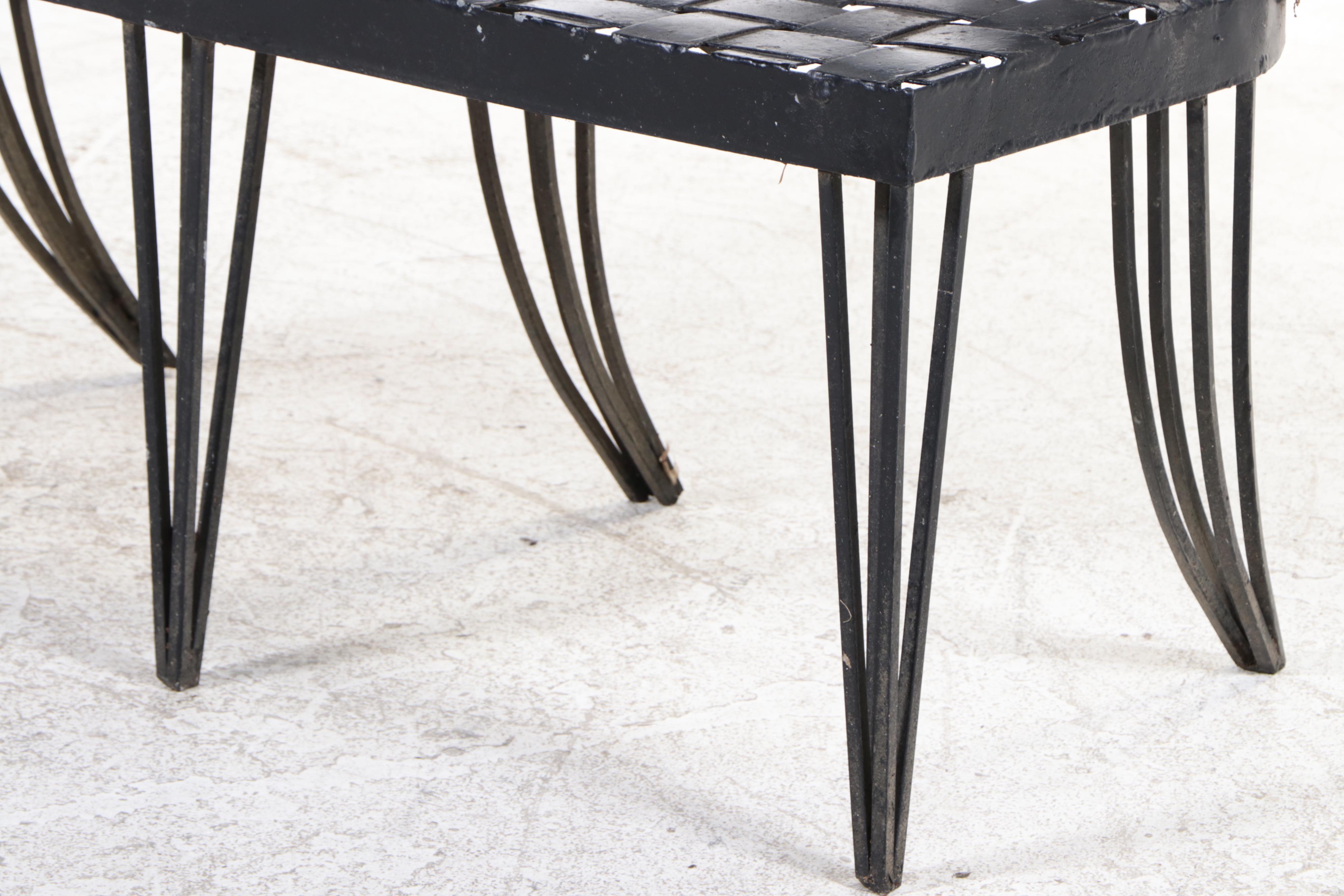 Neoclassical Style Wrought Iron and Metal Strap "Basketweave" Garden Bench