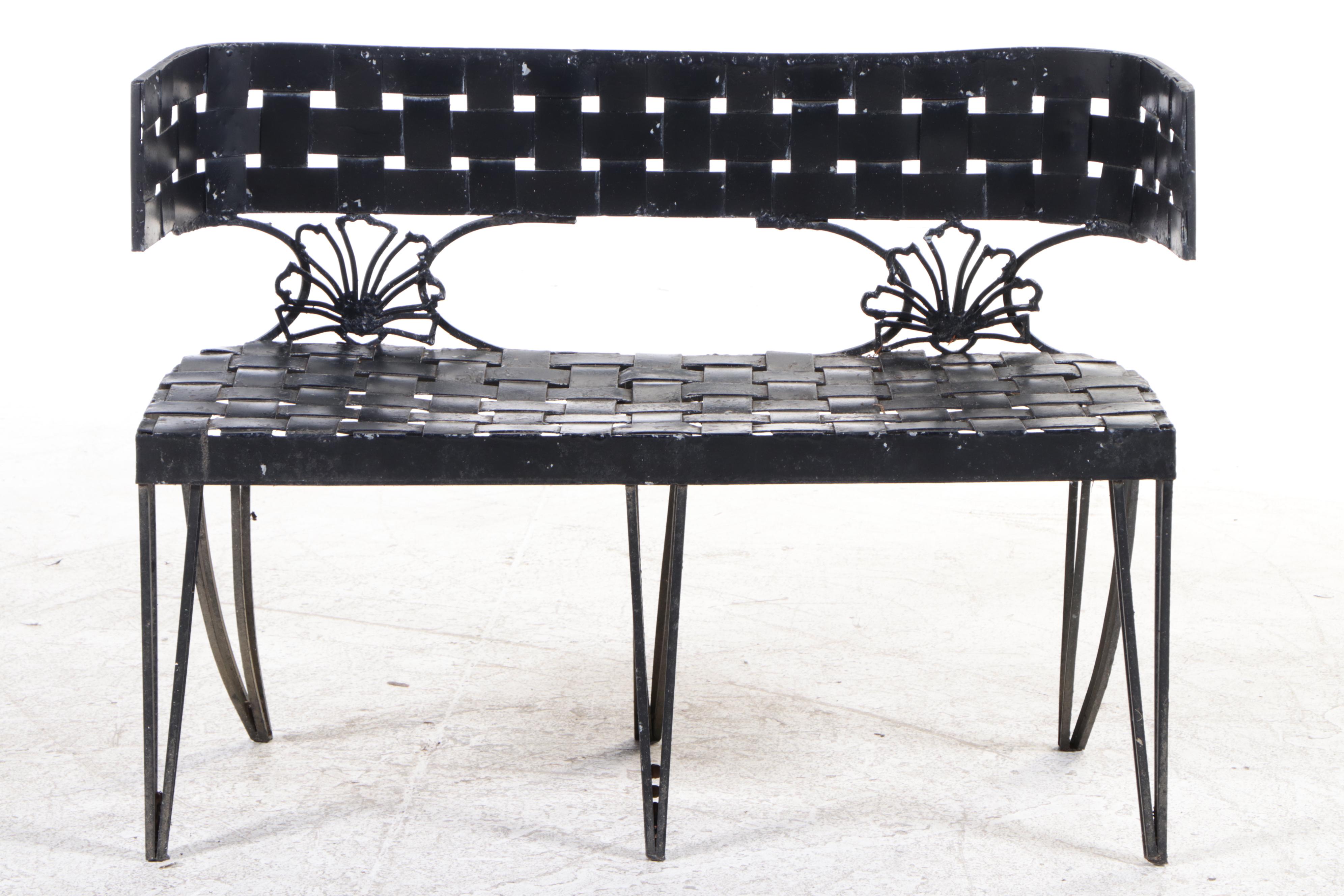 Neoclassical Style Wrought Iron and Metal Strap "Basketweave" Garden Bench