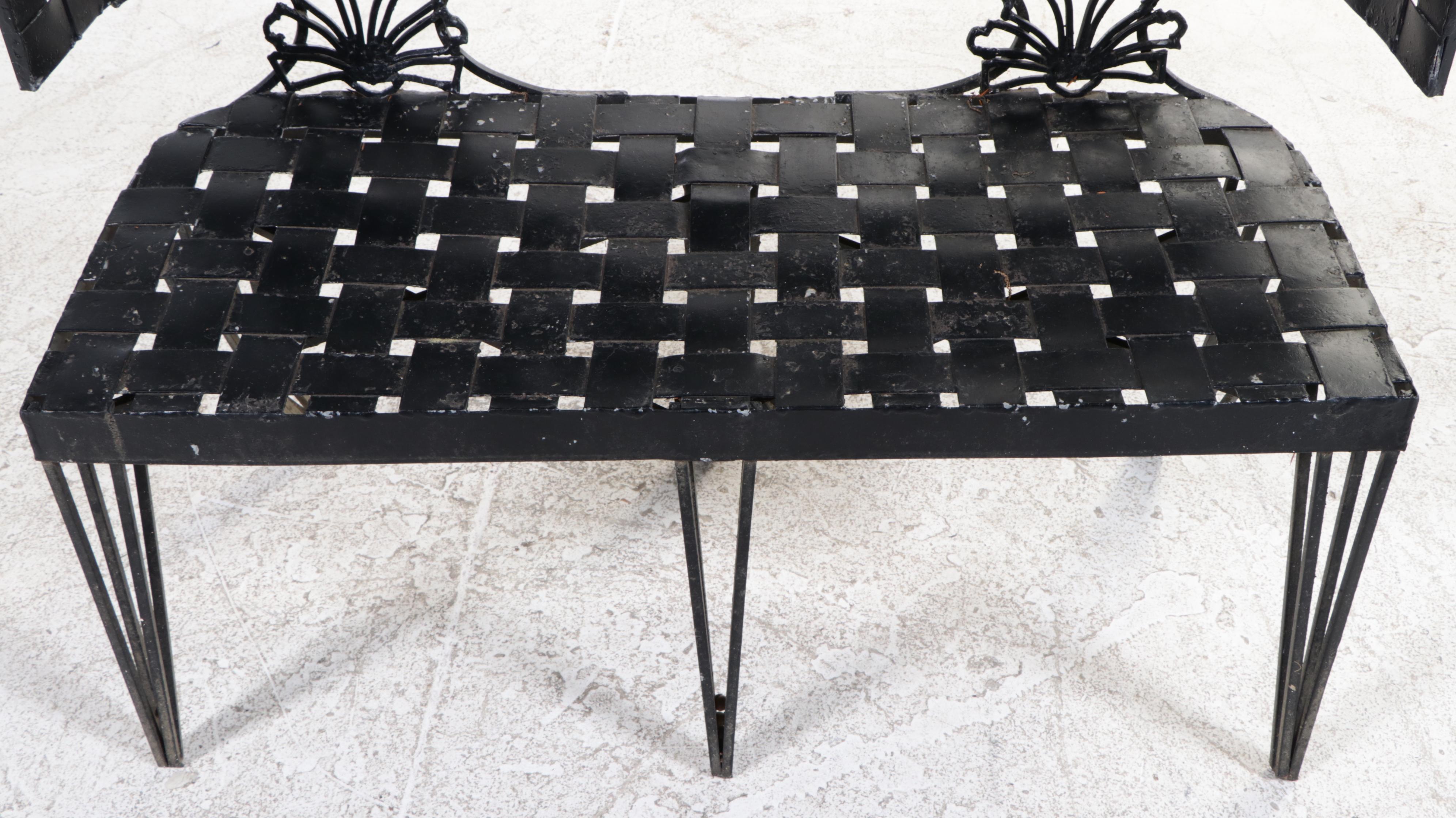 Neoclassical Style Wrought Iron and Metal Strap "Basketweave" Garden Bench