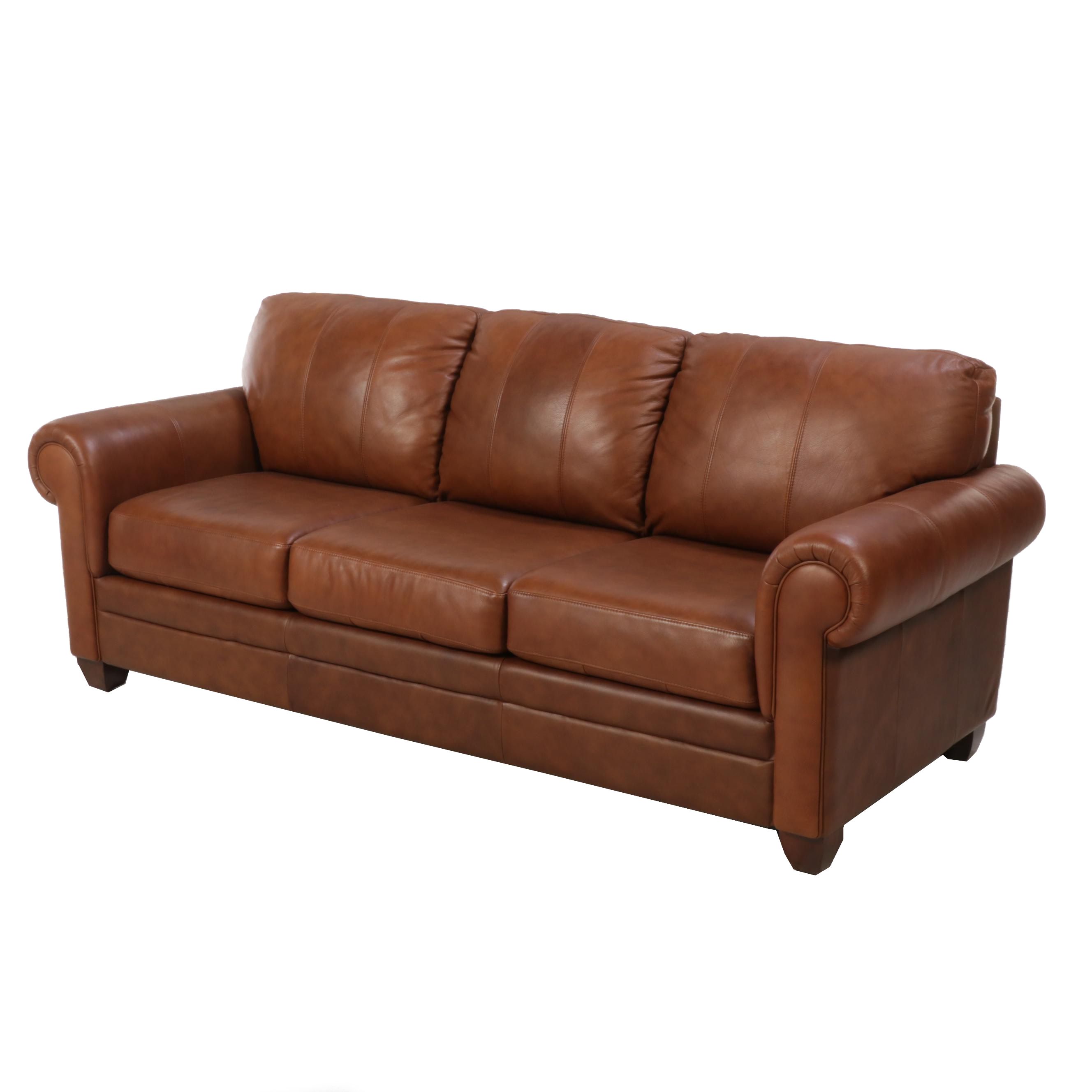 Ethan Allen Brown Leather Roll-Arm Sofa