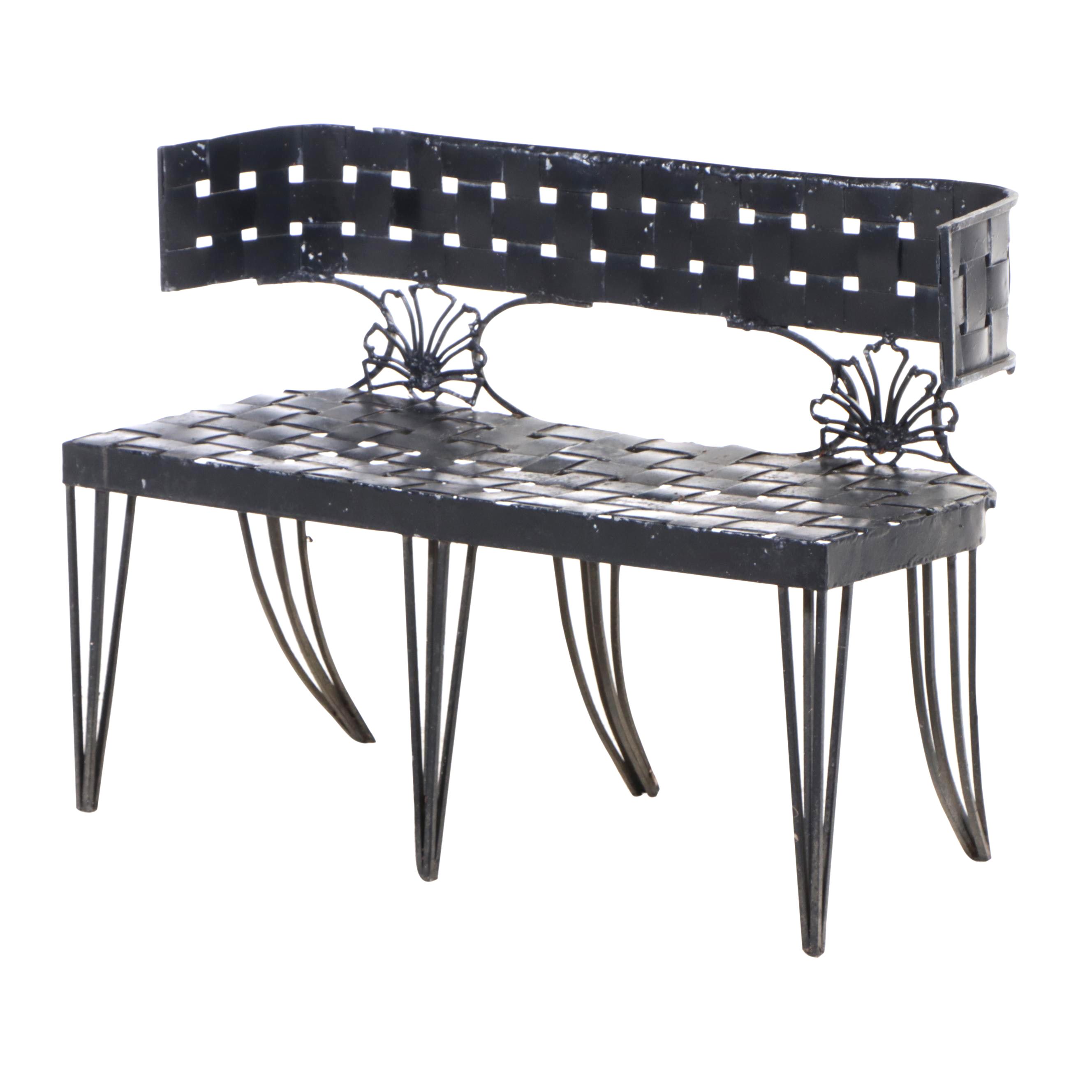 Neoclassical Style Wrought Iron and Metal Strap "Basketweave" Garden Bench