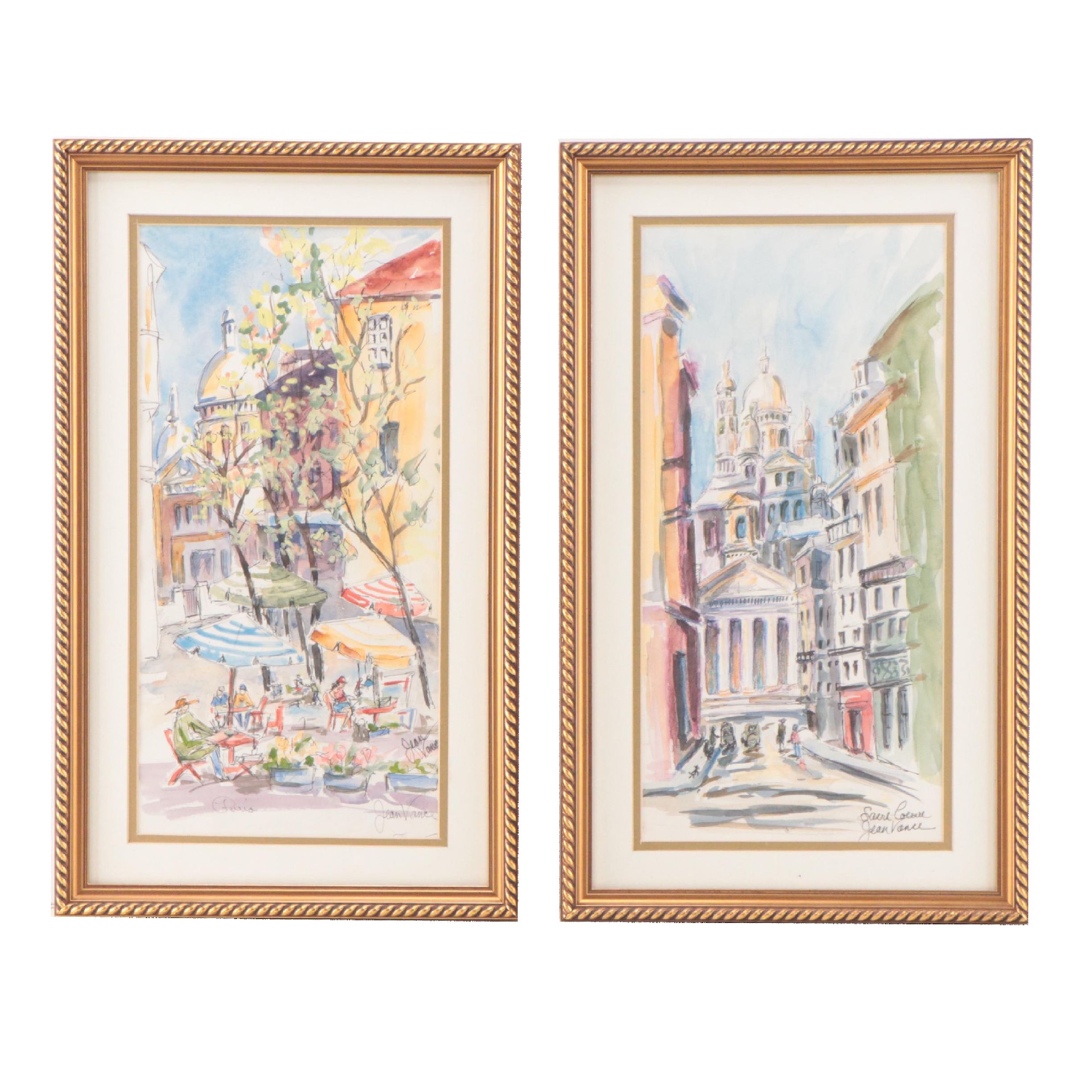 Pair of Jean Vance Watercolor Paintings of Paris Cityscapes