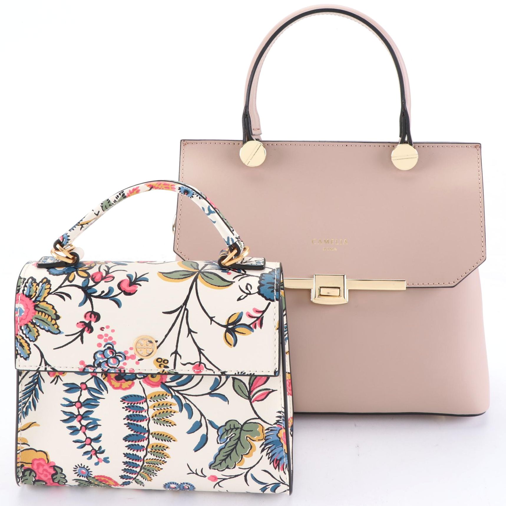 Tory Burch Parker Floral Leather Satchel and Camelia Leather Handbag