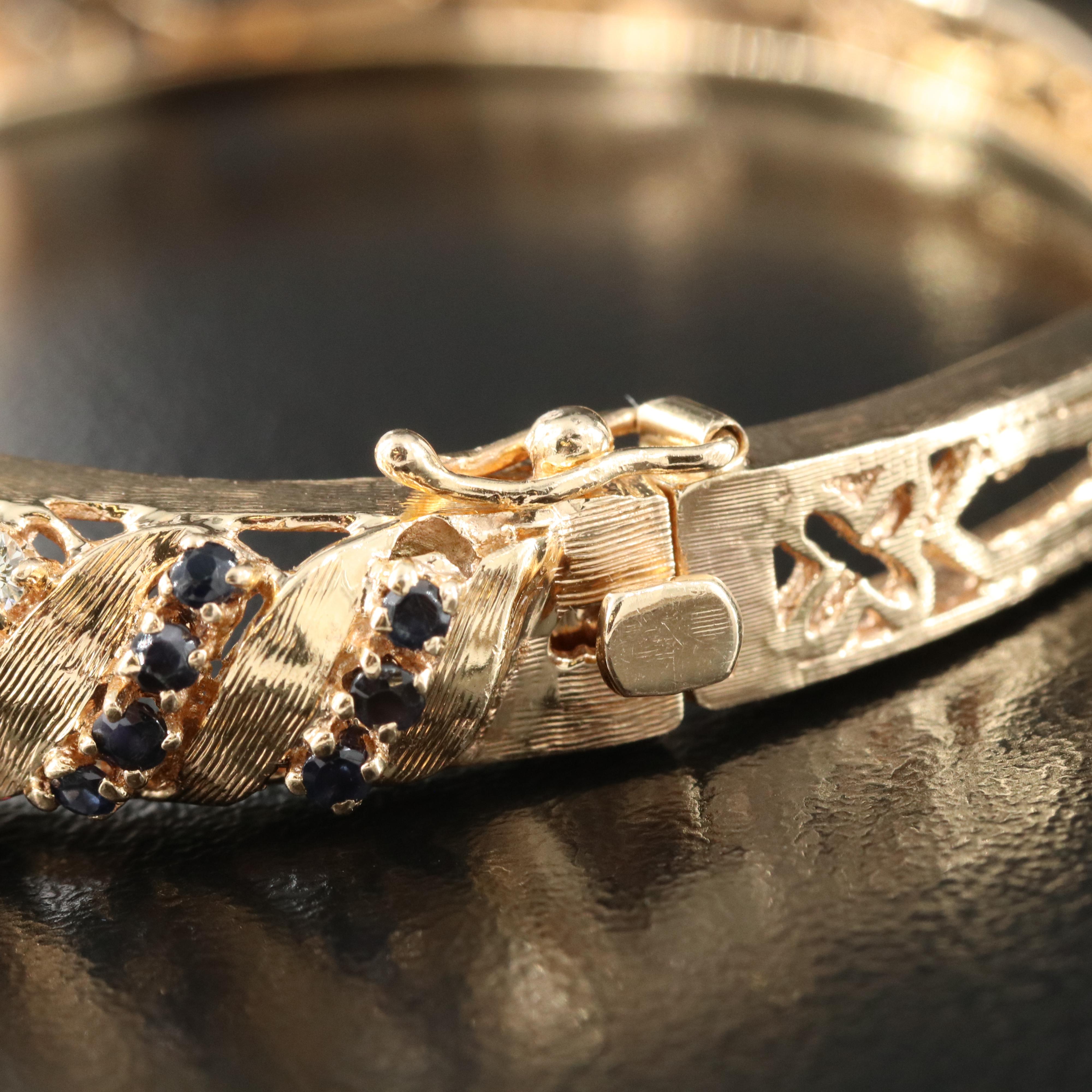 14K Diamond and Sapphire Hinged Bangle Bracelet