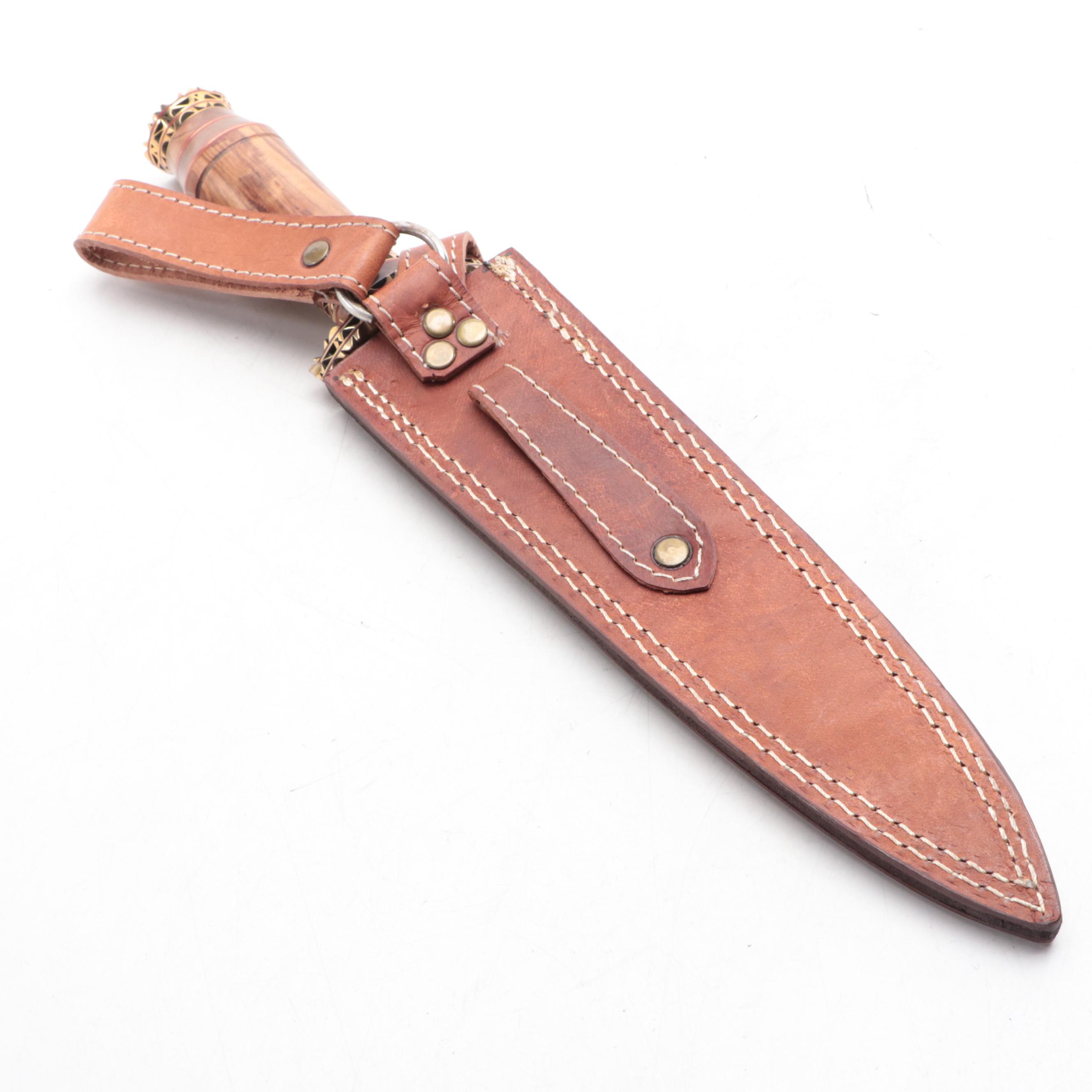 Olive Wood Handled Damascus Blade Dagger With Leather Belt Sheath