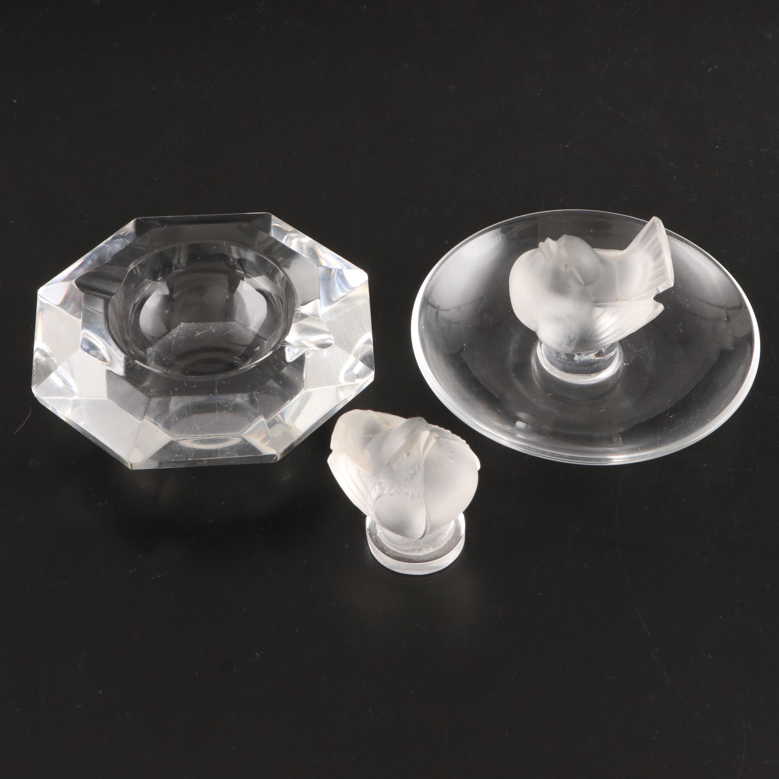 Lalique Pin Dish and Figurine with Val St. Lambert Crystal Ashtray