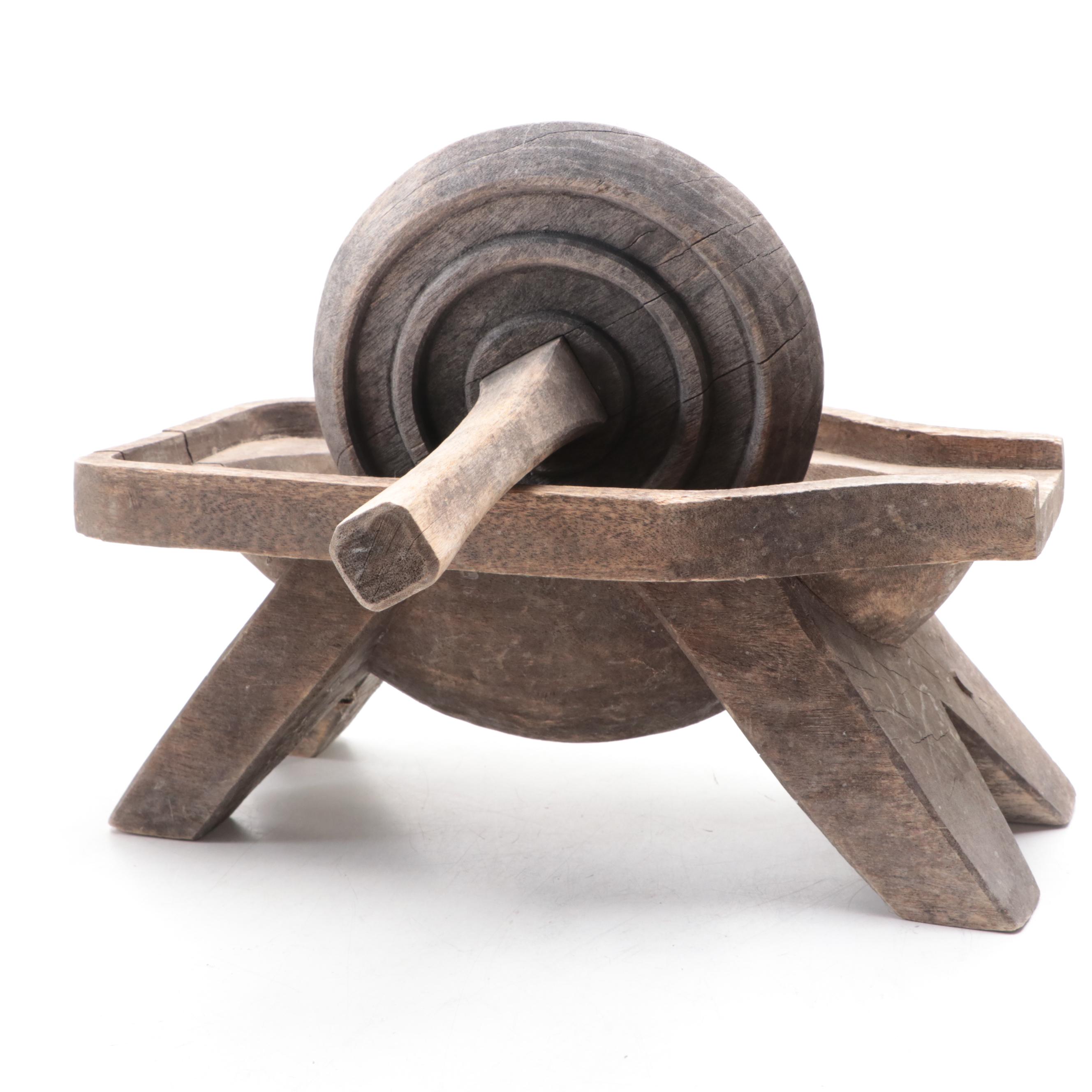 Primitive Wooden Herb Roller Mill Grinder