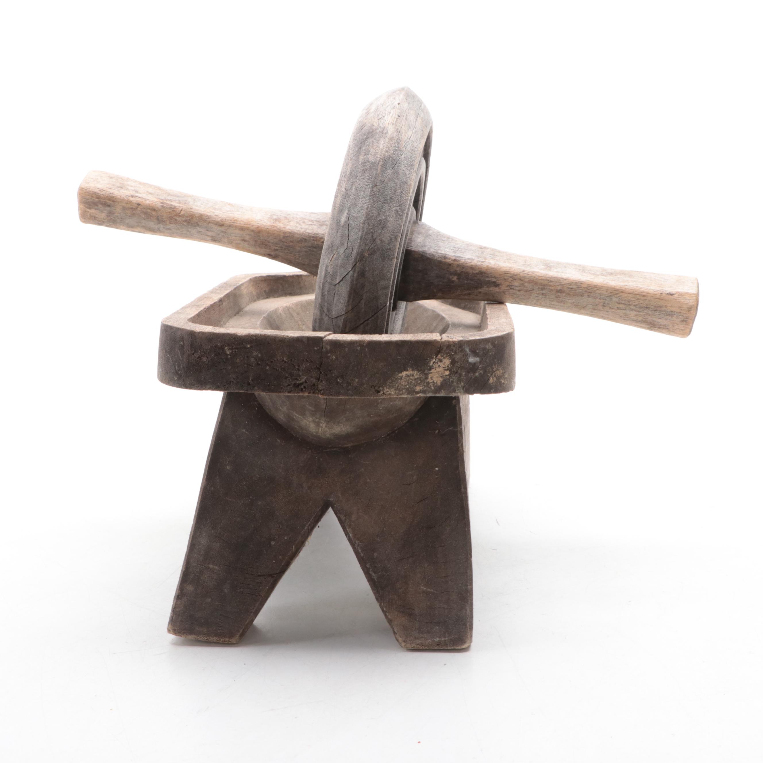 Primitive Wooden Herb Roller Mill Grinder