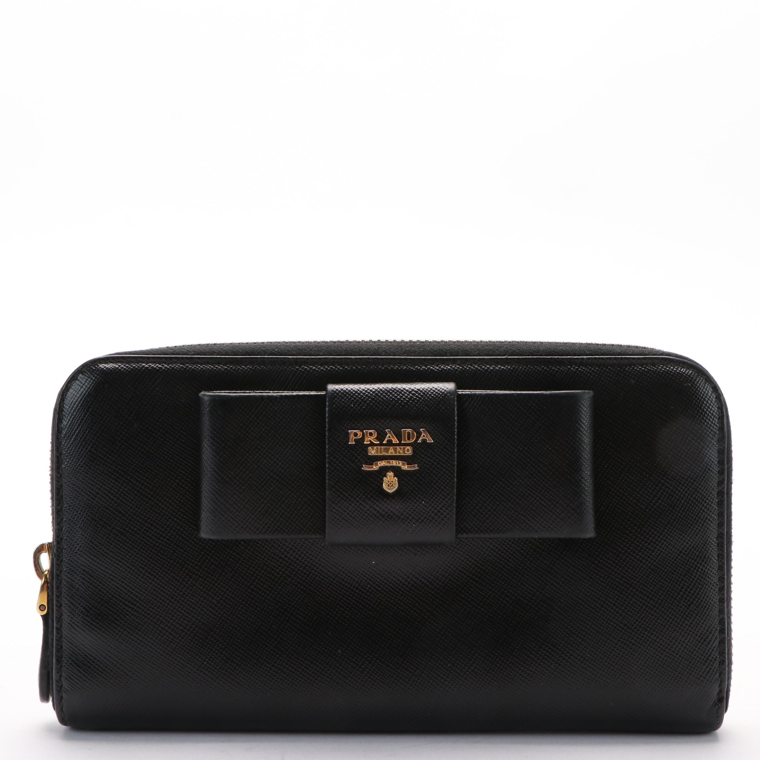 Prada Saffiano Lux Leather Bow Zip Around Wallet