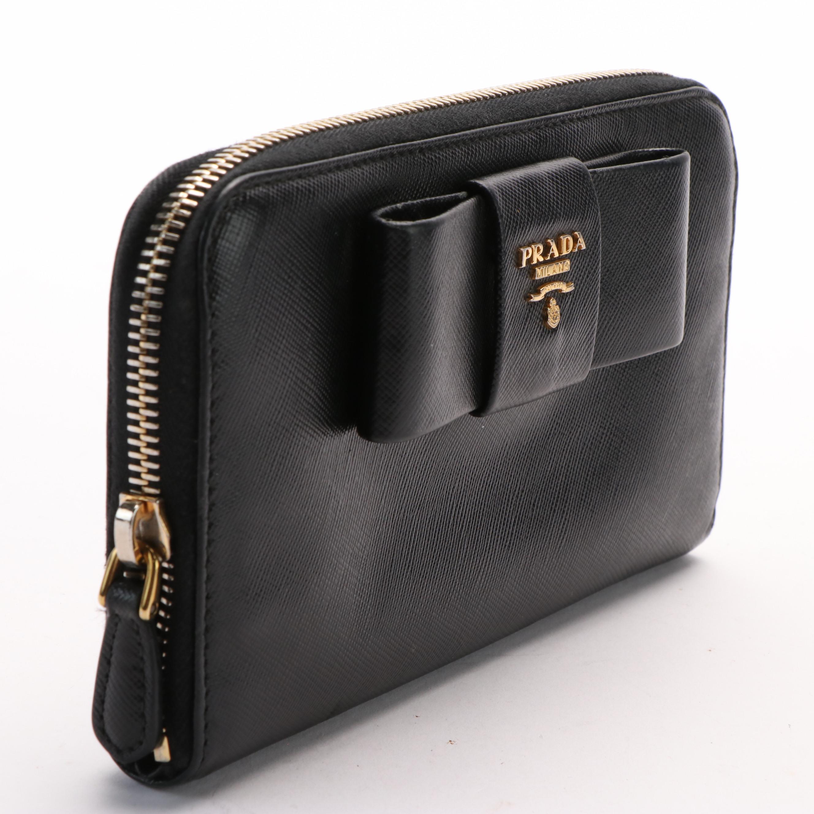 Prada Saffiano Lux Leather Bow Zip Around Wallet