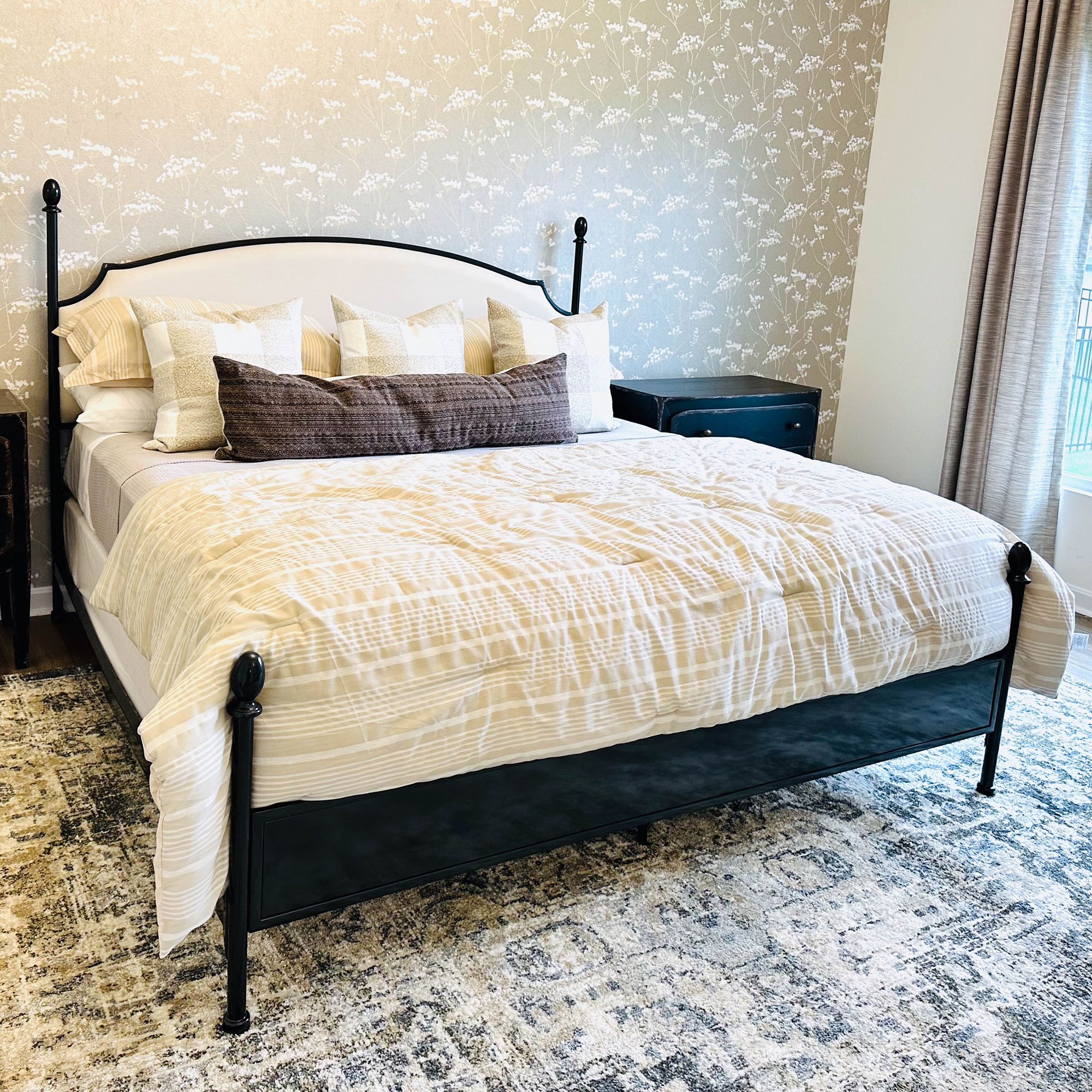 King Size Blackened Metal and Upholstered Bed Frame