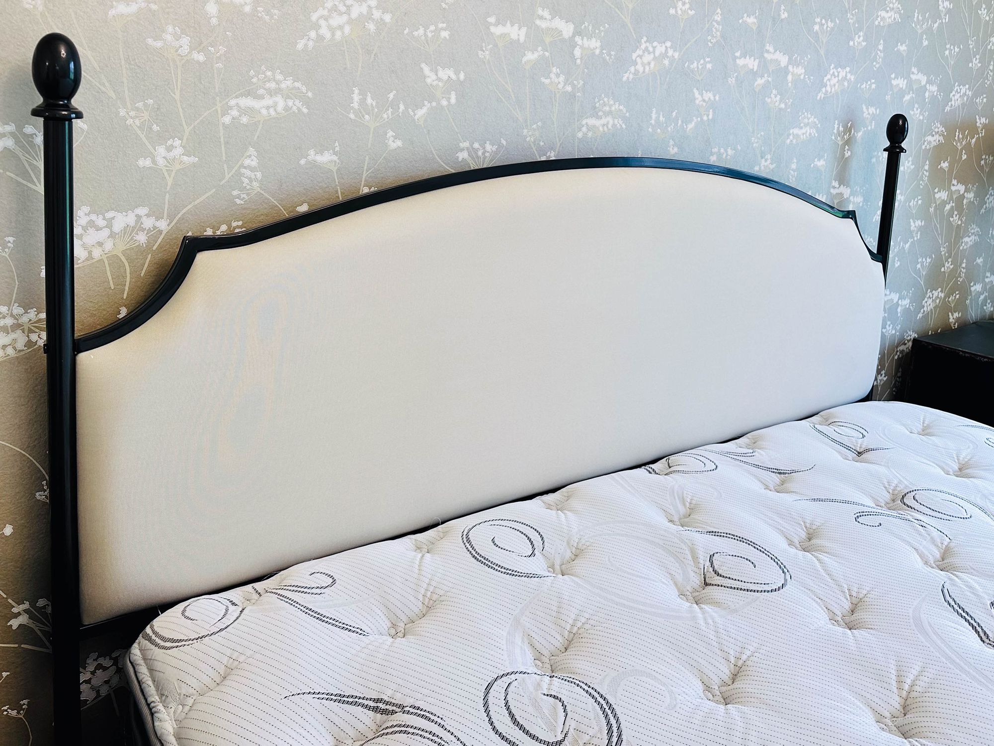 King Size Blackened Metal and Upholstered Bed Frame