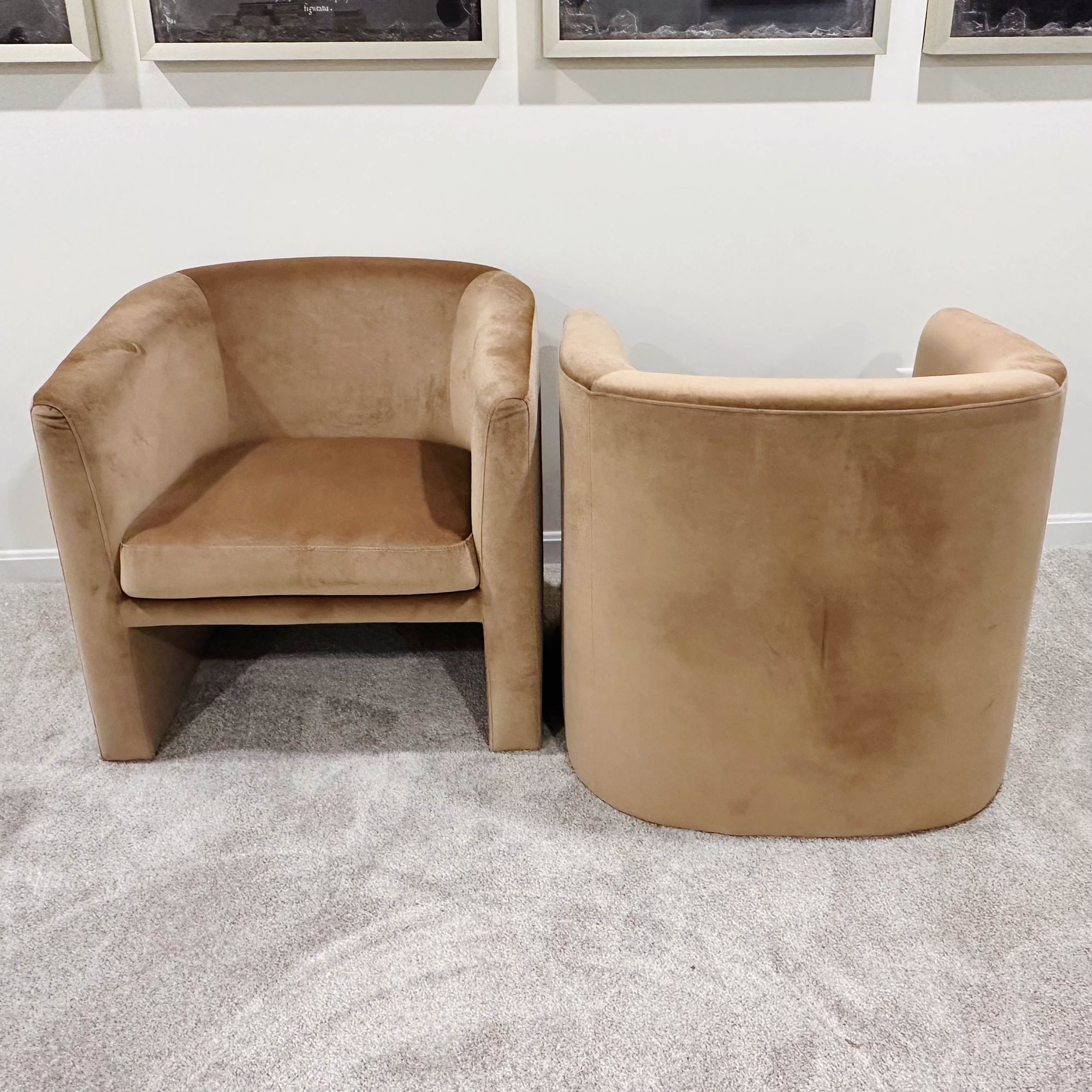 Pair of Threshold Modernist Style Velveteen Upholstered Barrel Chairs