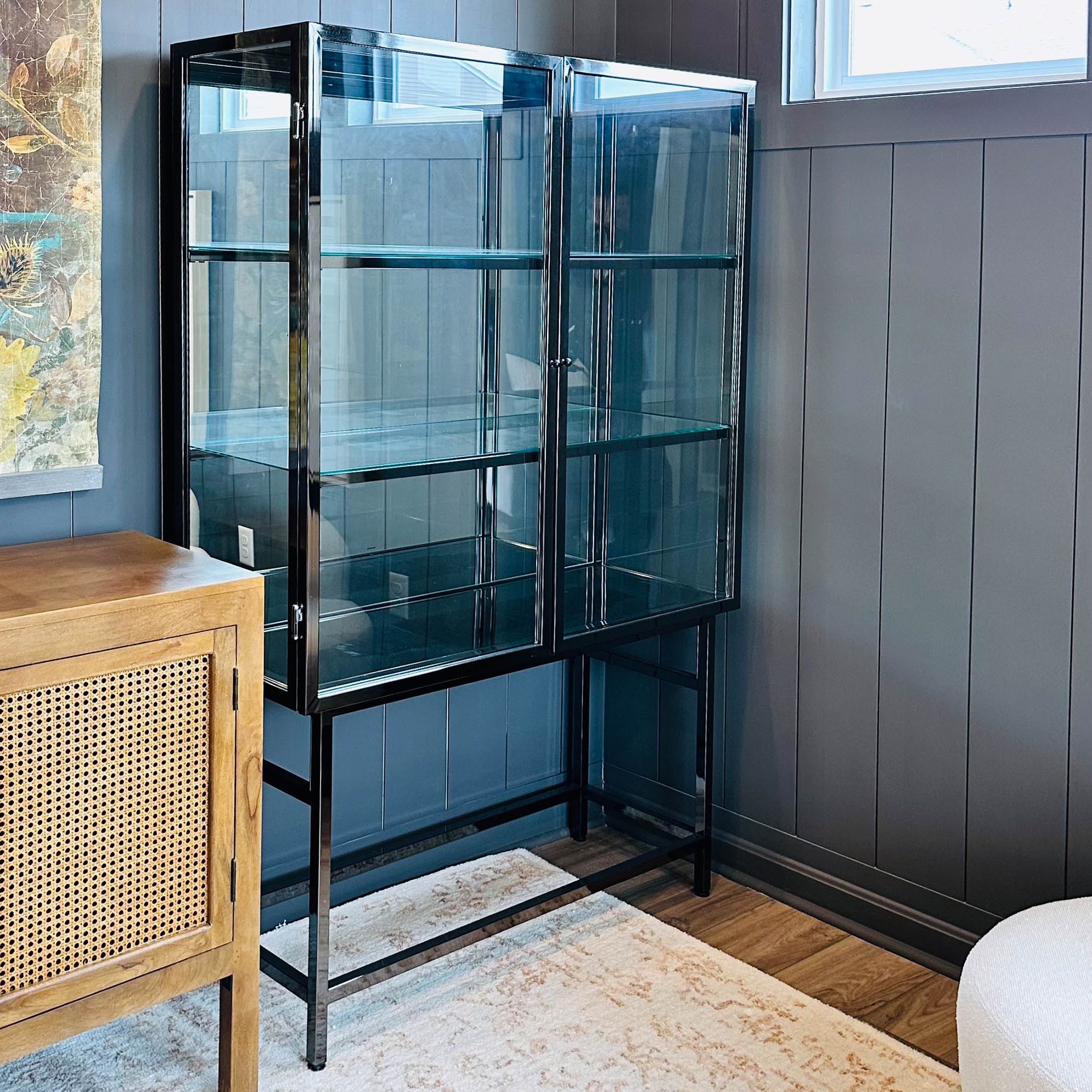 Industrial Style Tempered Glass and Metal Display Cabinet