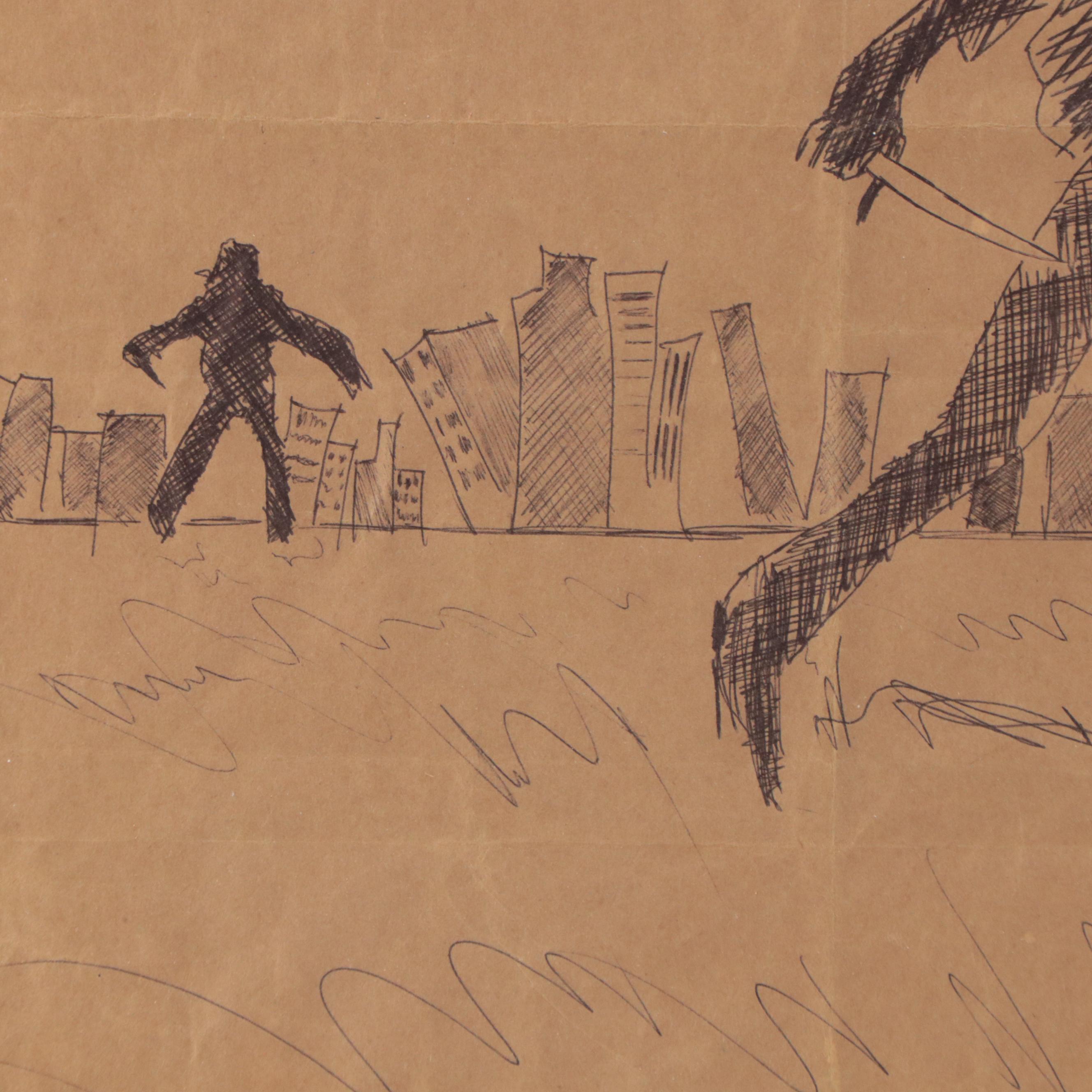 Outsider Art Ballpoint Pen Drawing "Last Man Standing," 2003