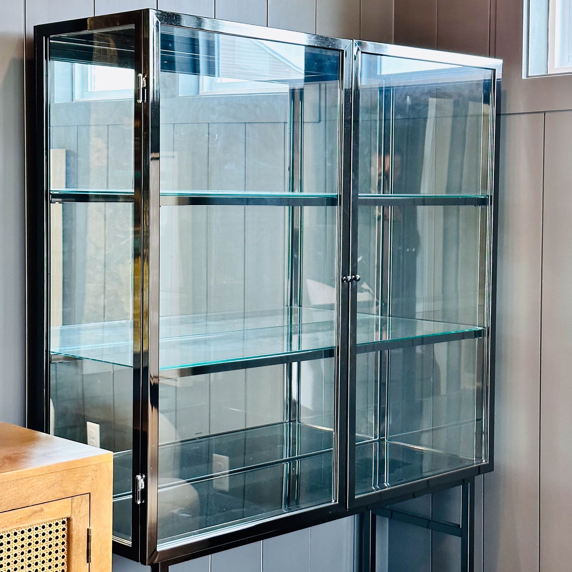 Industrial Style Tempered Glass and Metal Display Cabinet