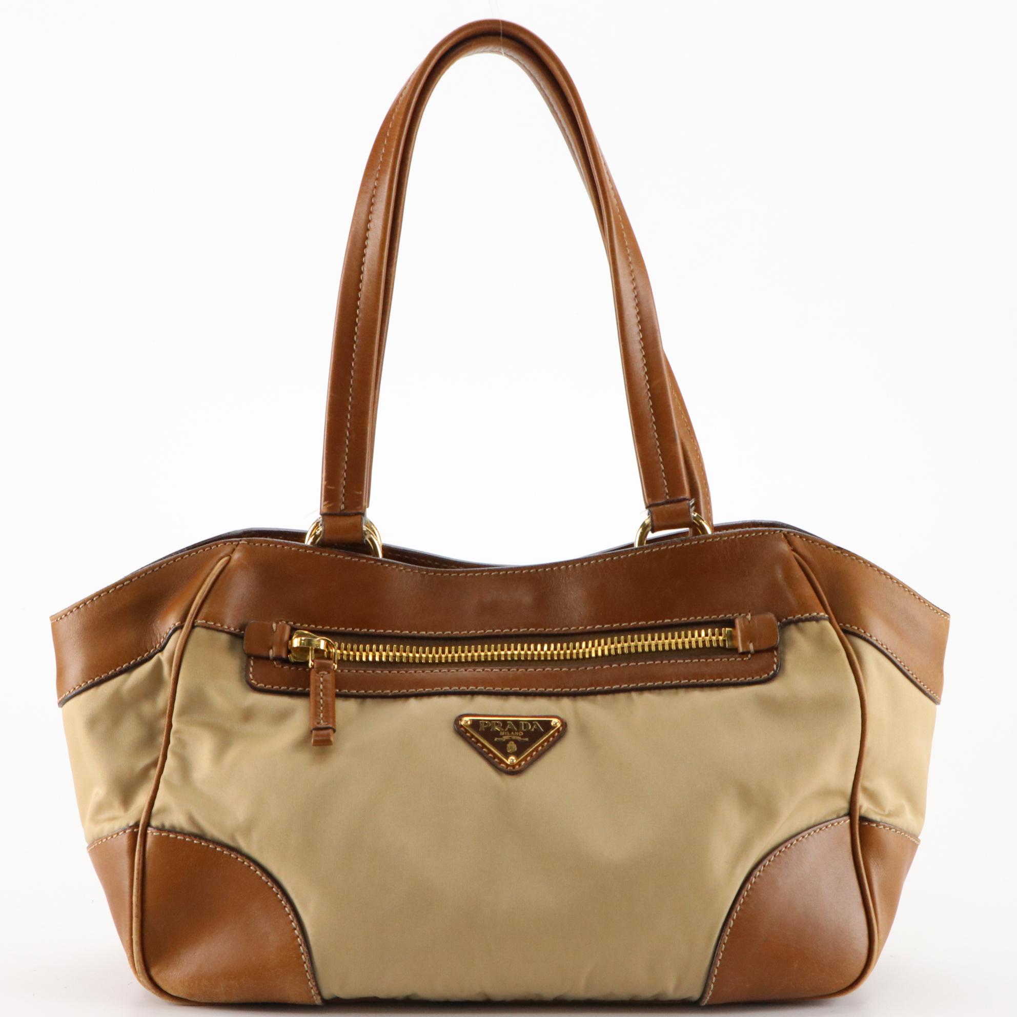 Prada Tessuto Shoulder Bag in Tan Nylon and Leather Trim