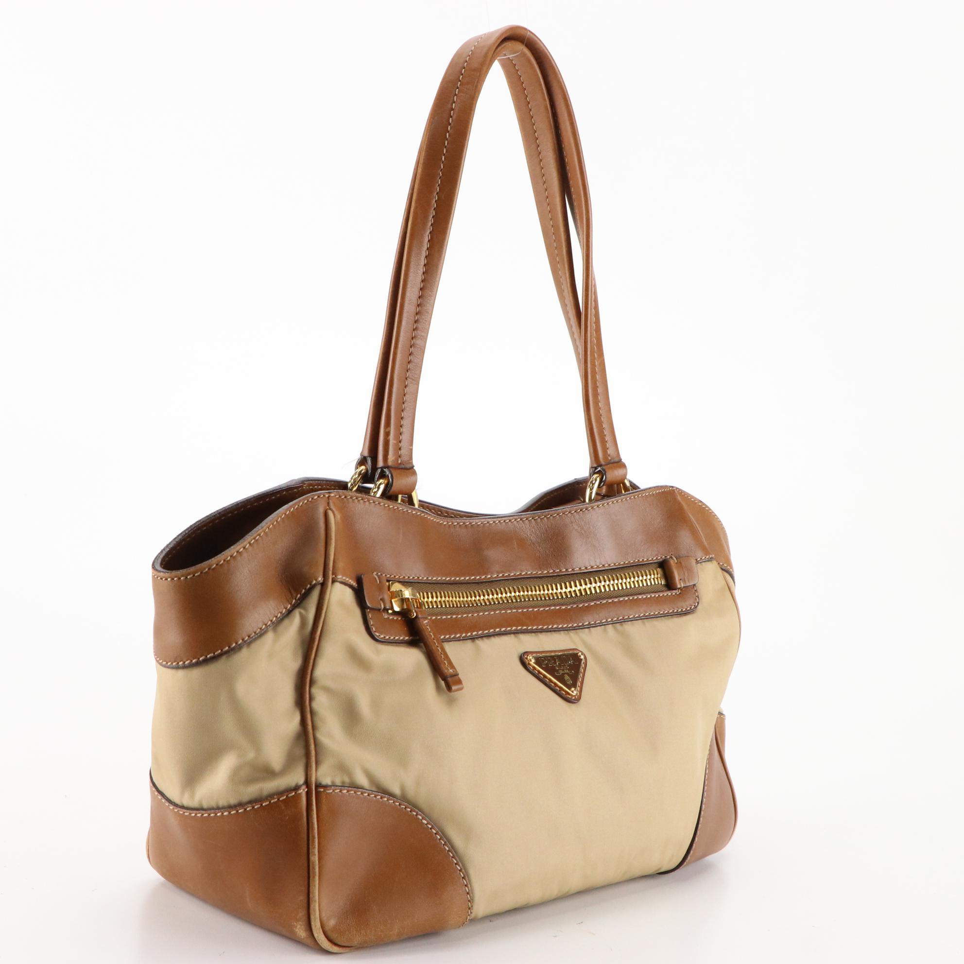 Prada Tessuto Shoulder Bag in Tan Nylon and Leather Trim