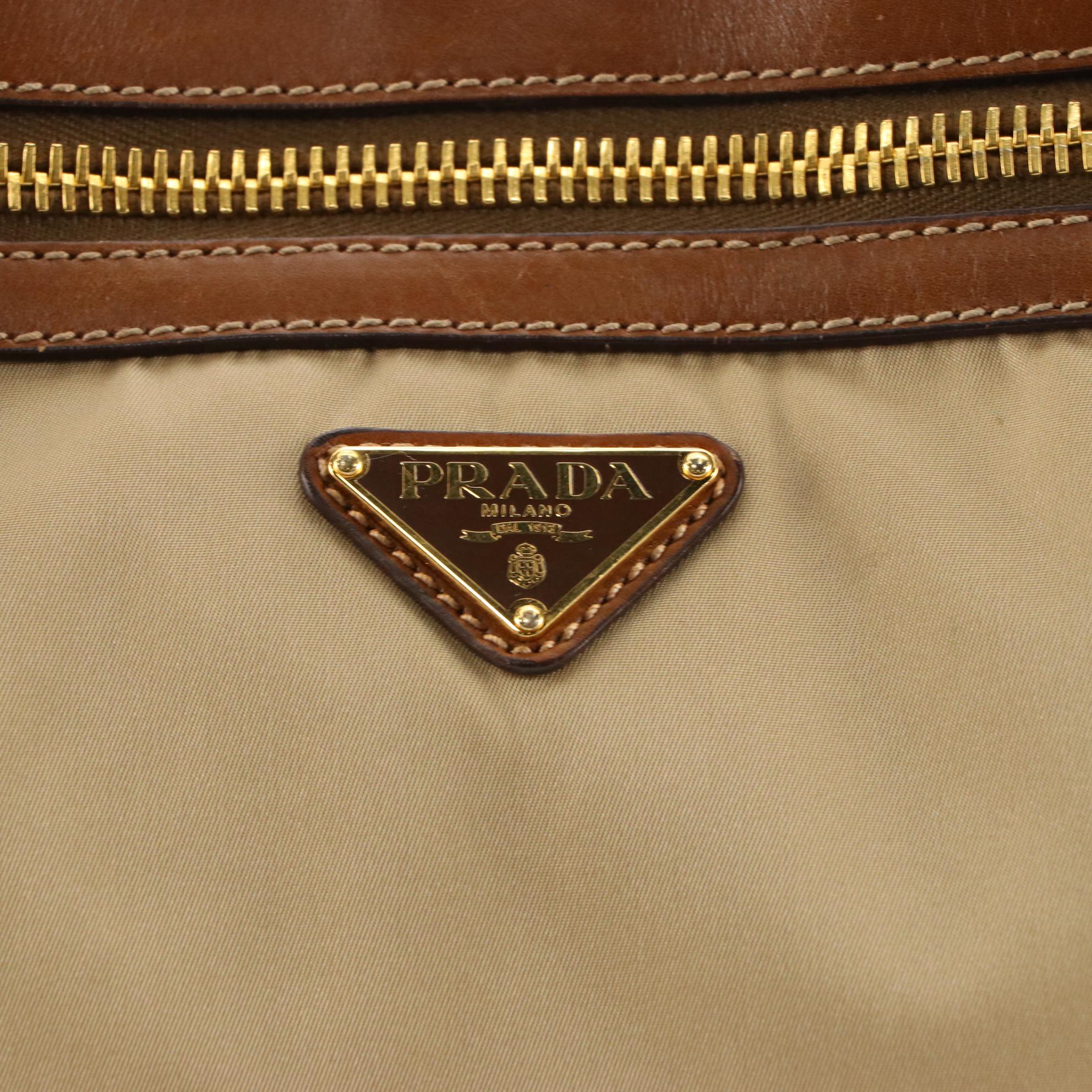 Prada Tessuto Shoulder Bag in Tan Nylon and Leather Trim