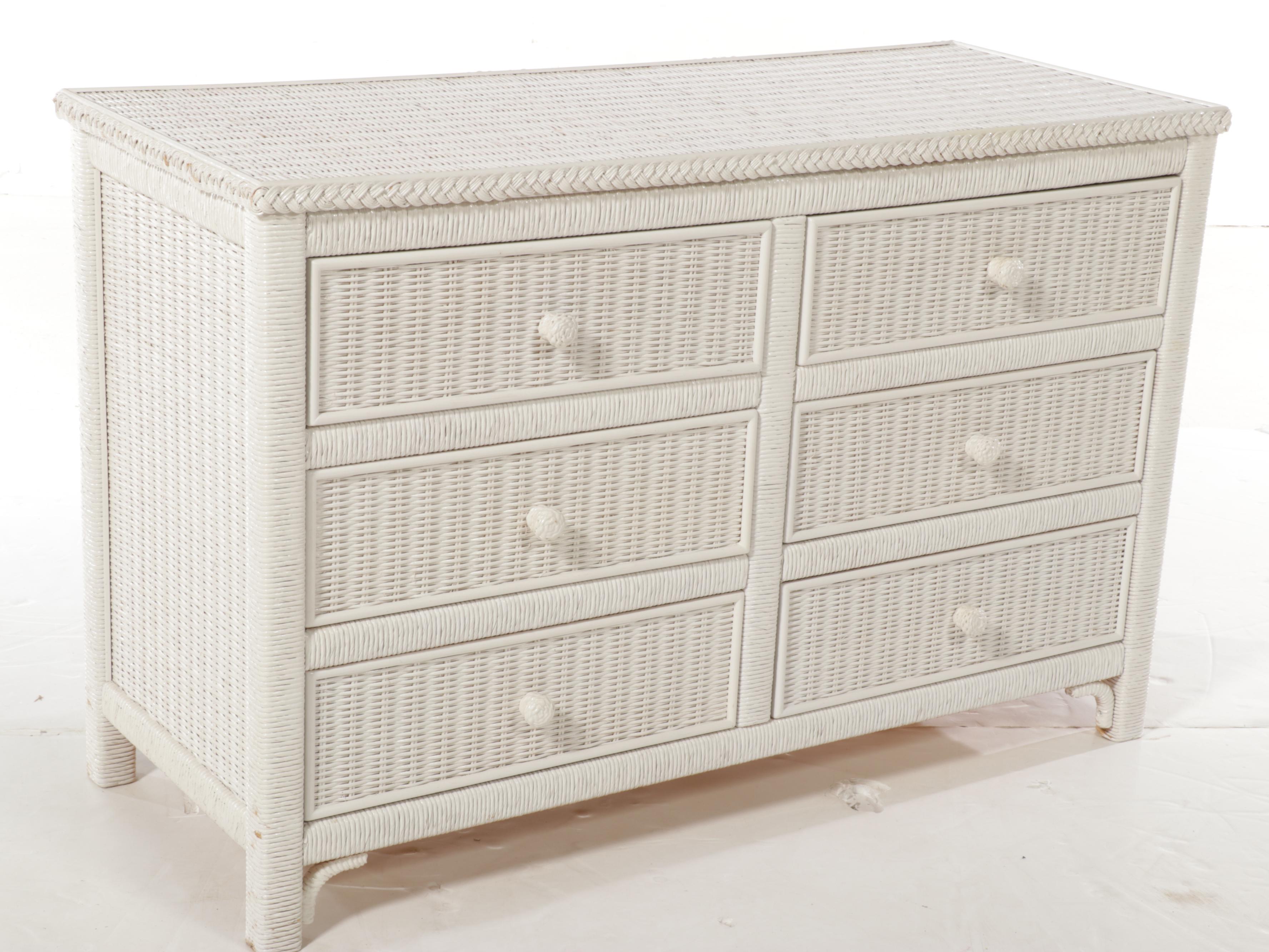 Henry Link White Painted Wicker Rattan Dresser, Rocking Chair, and Plant Stand