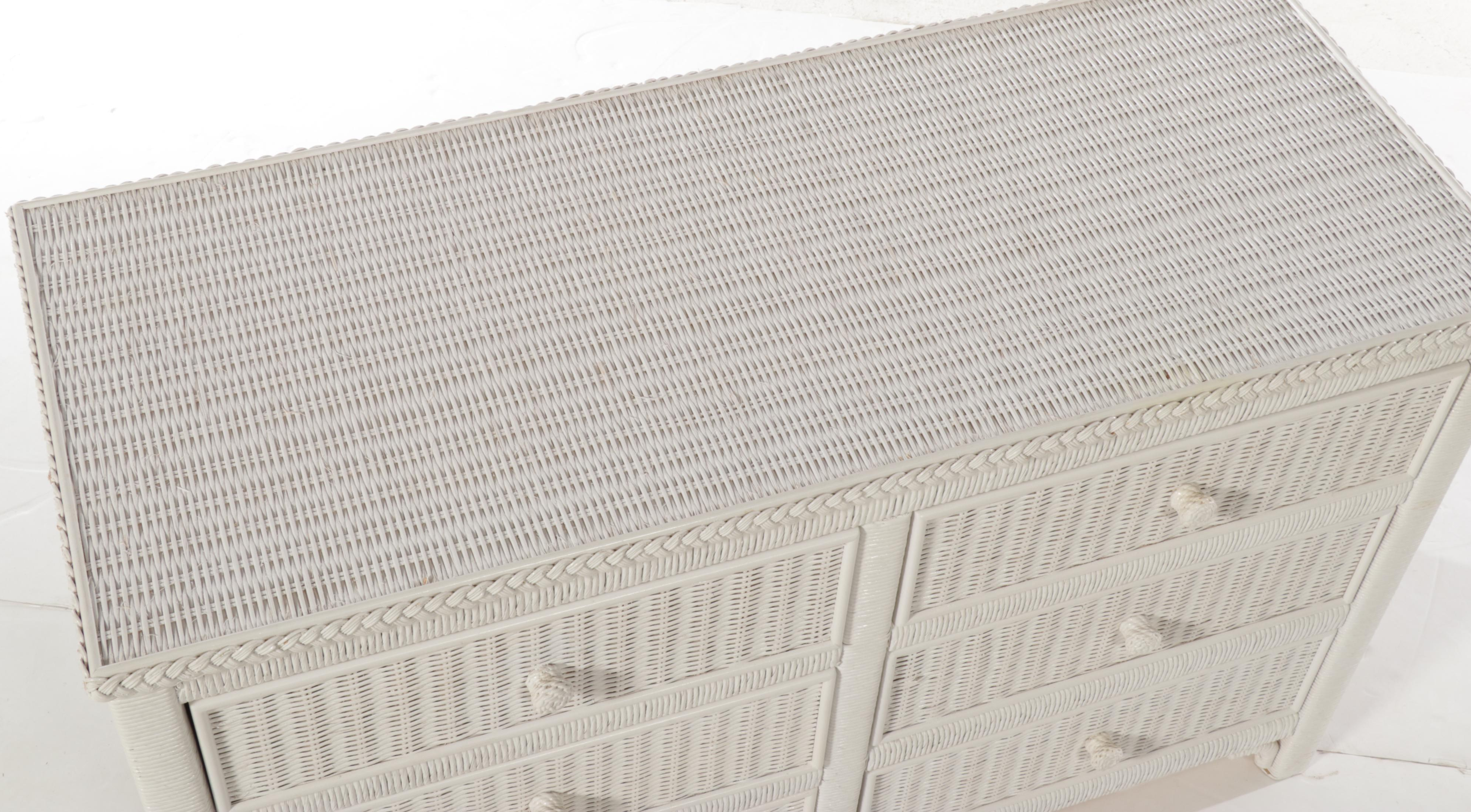 Henry Link White Painted Wicker Rattan Dresser, Rocking Chair, and Plant Stand