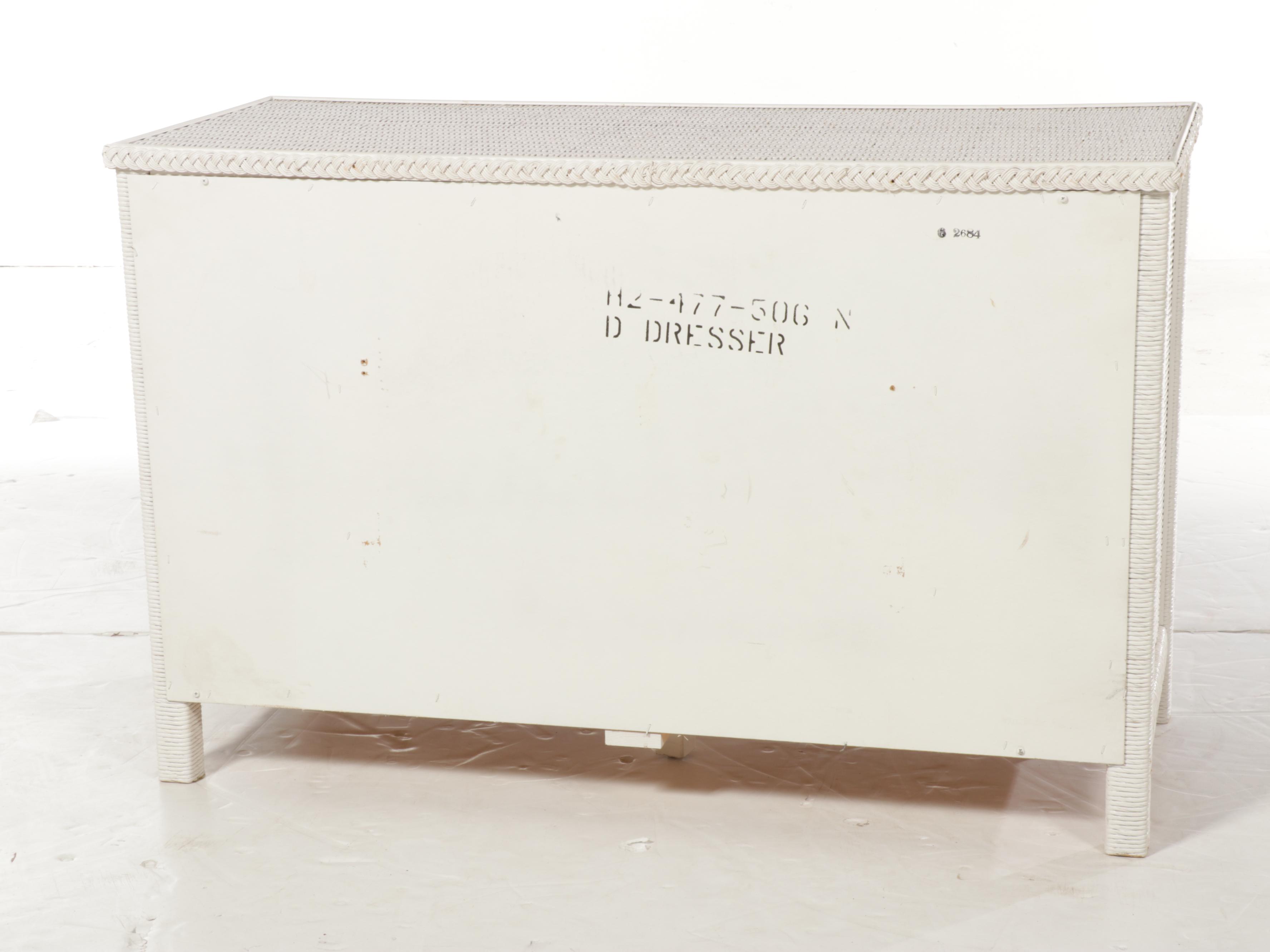 Henry Link White Painted Wicker Rattan Dresser, Rocking Chair, and Plant Stand