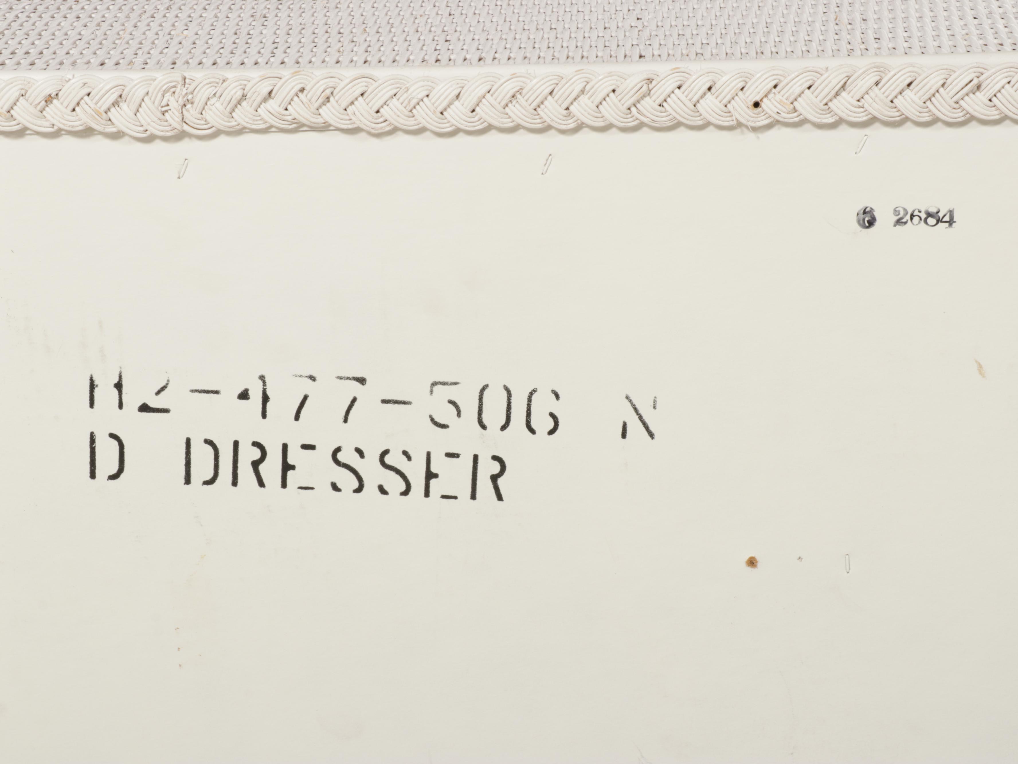 Henry Link White Painted Wicker Rattan Dresser, Rocking Chair, and Plant Stand