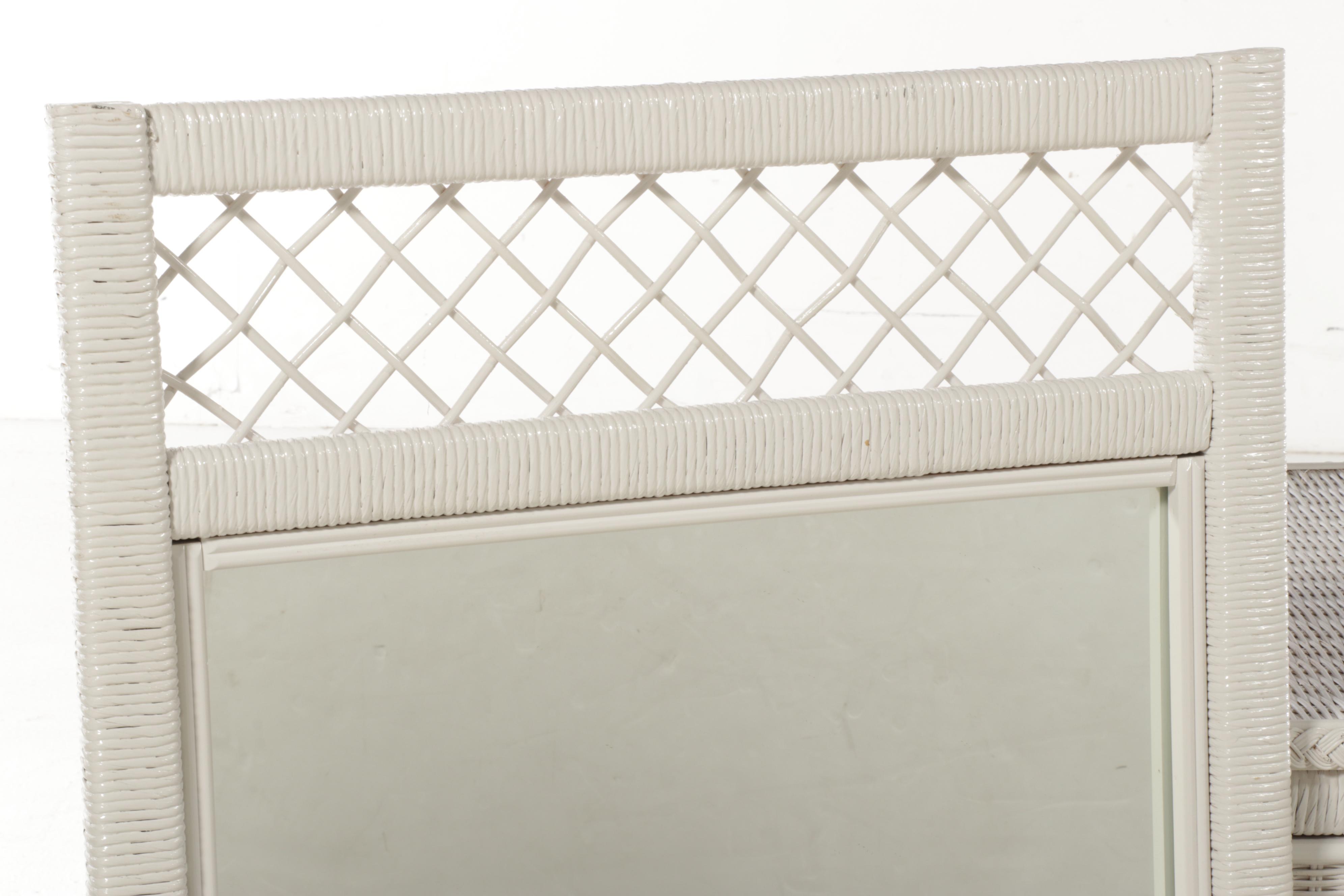 Henry Link White Painted Wicker Rattan Dresser, Rocking Chair, and Plant Stand