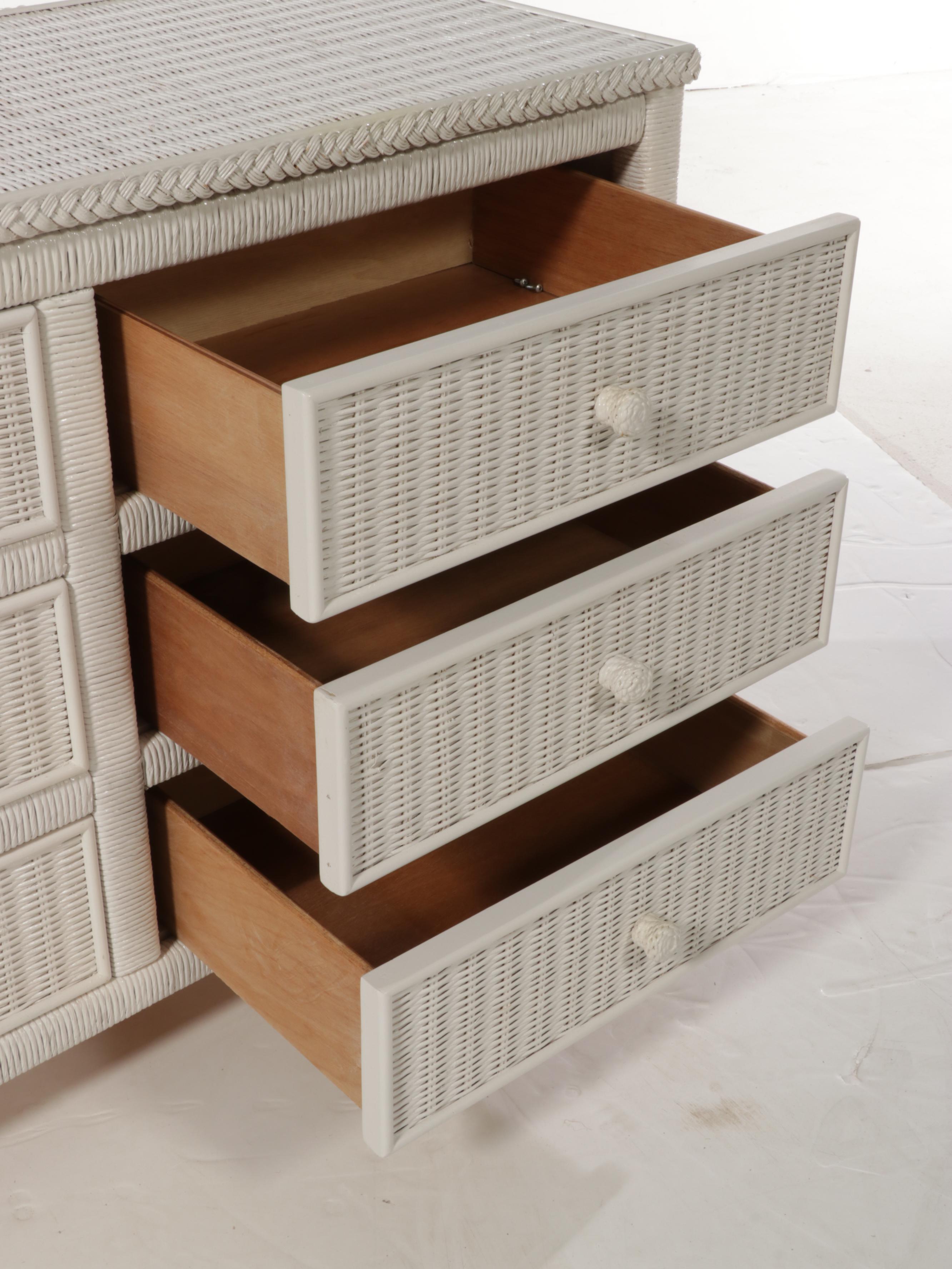 Henry Link White Painted Wicker Rattan Dresser, Rocking Chair, and Plant Stand