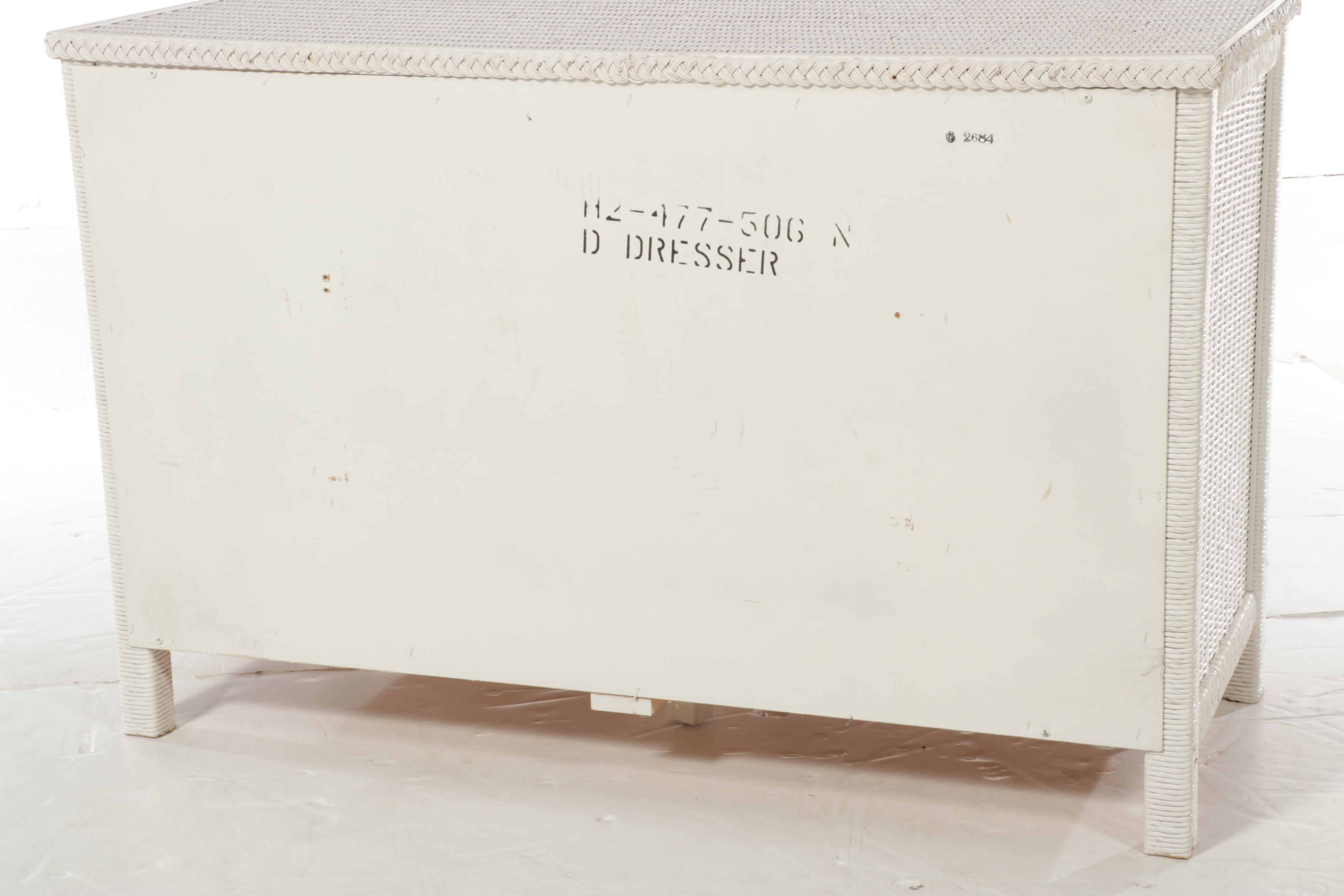 Henry Link White Painted Wicker Rattan Dresser, Rocking Chair, and Plant Stand