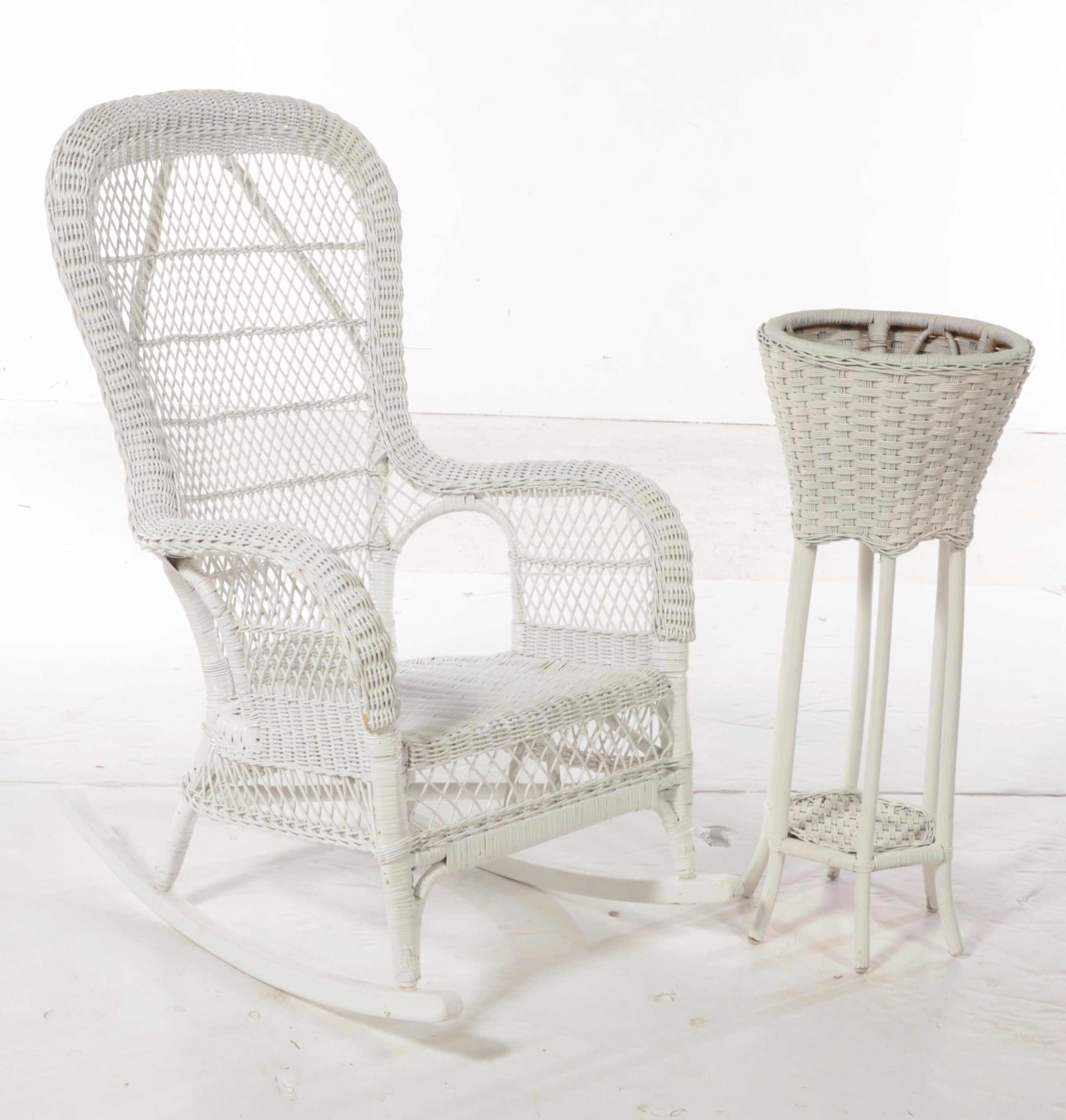 Henry Link White Painted Wicker Rattan Dresser, Rocking Chair, and Plant Stand