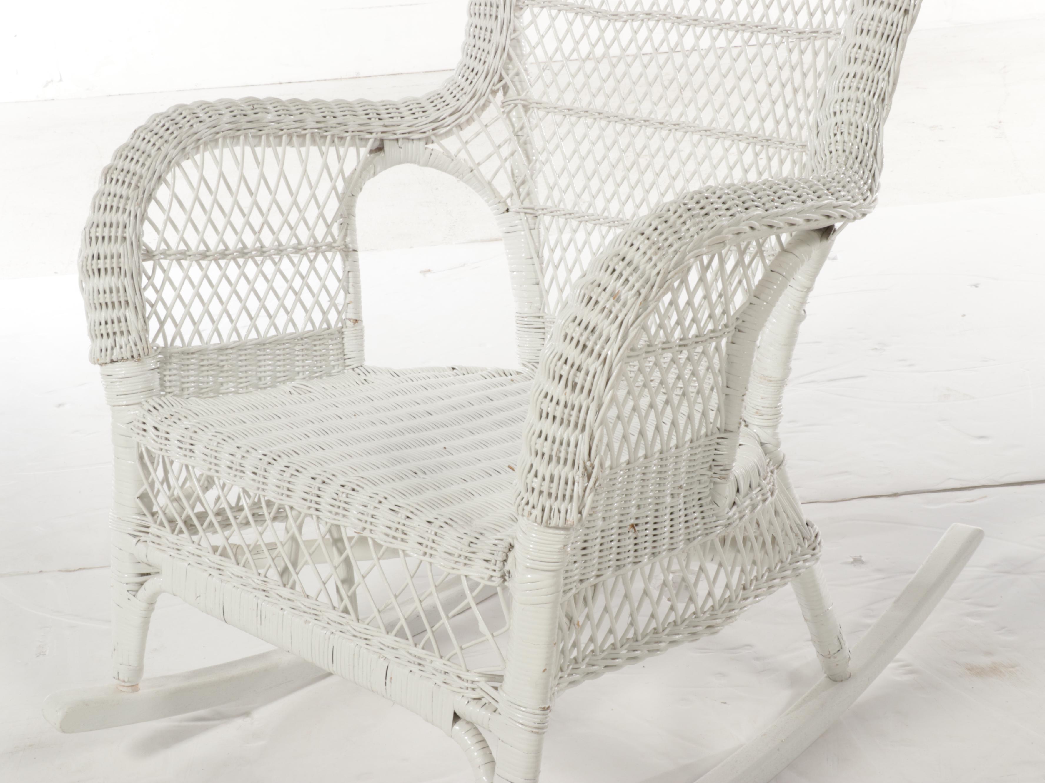 Henry Link White Painted Wicker Rattan Dresser, Rocking Chair, and Plant Stand