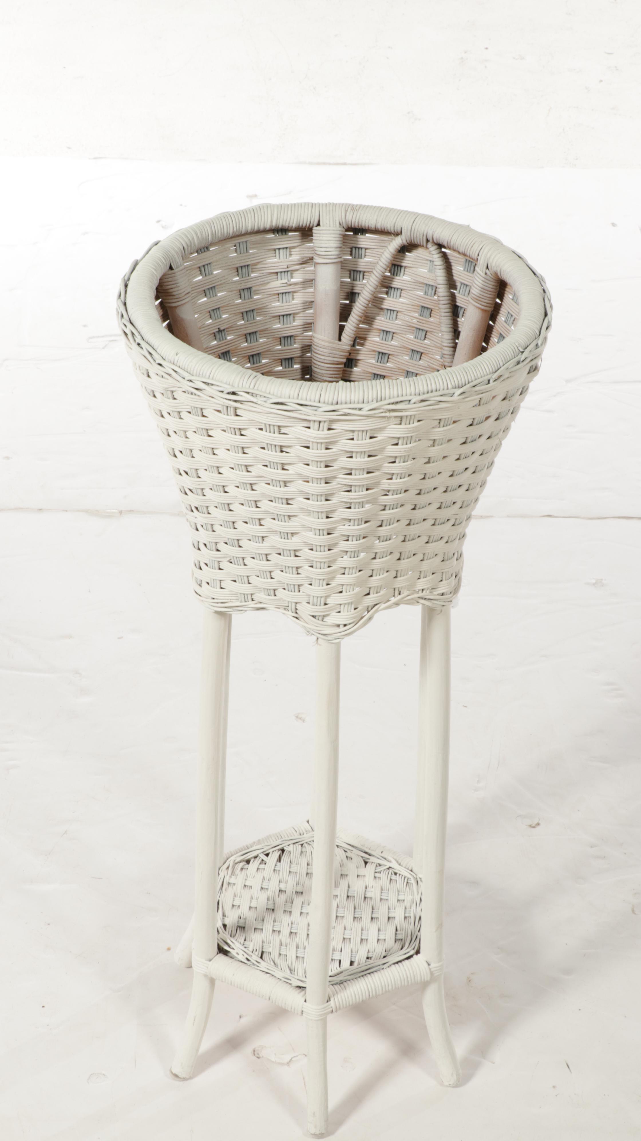 Henry Link White Painted Wicker Rattan Dresser, Rocking Chair, and Plant Stand