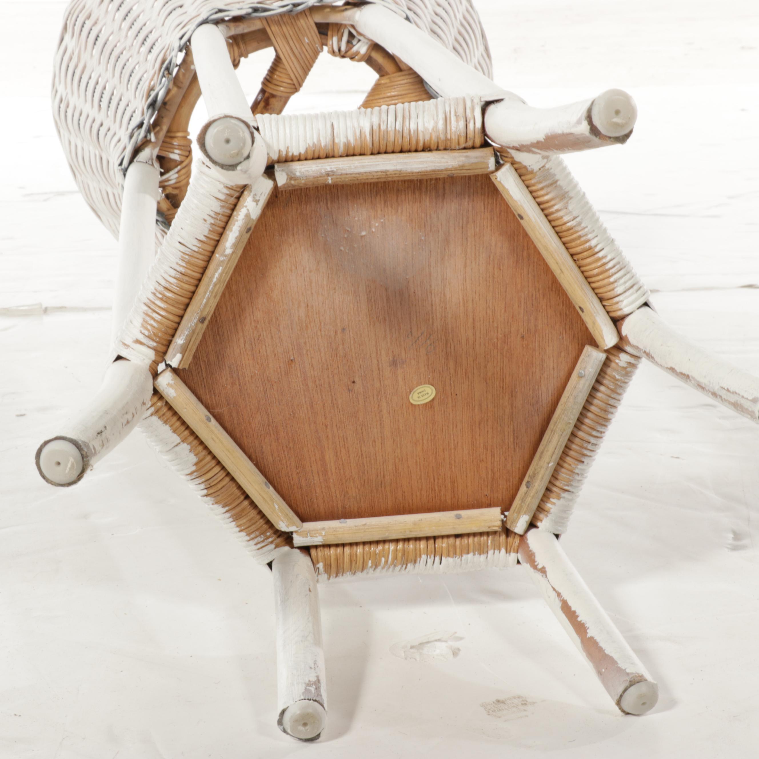 Henry Link White Painted Wicker Rattan Dresser, Rocking Chair, and Plant Stand