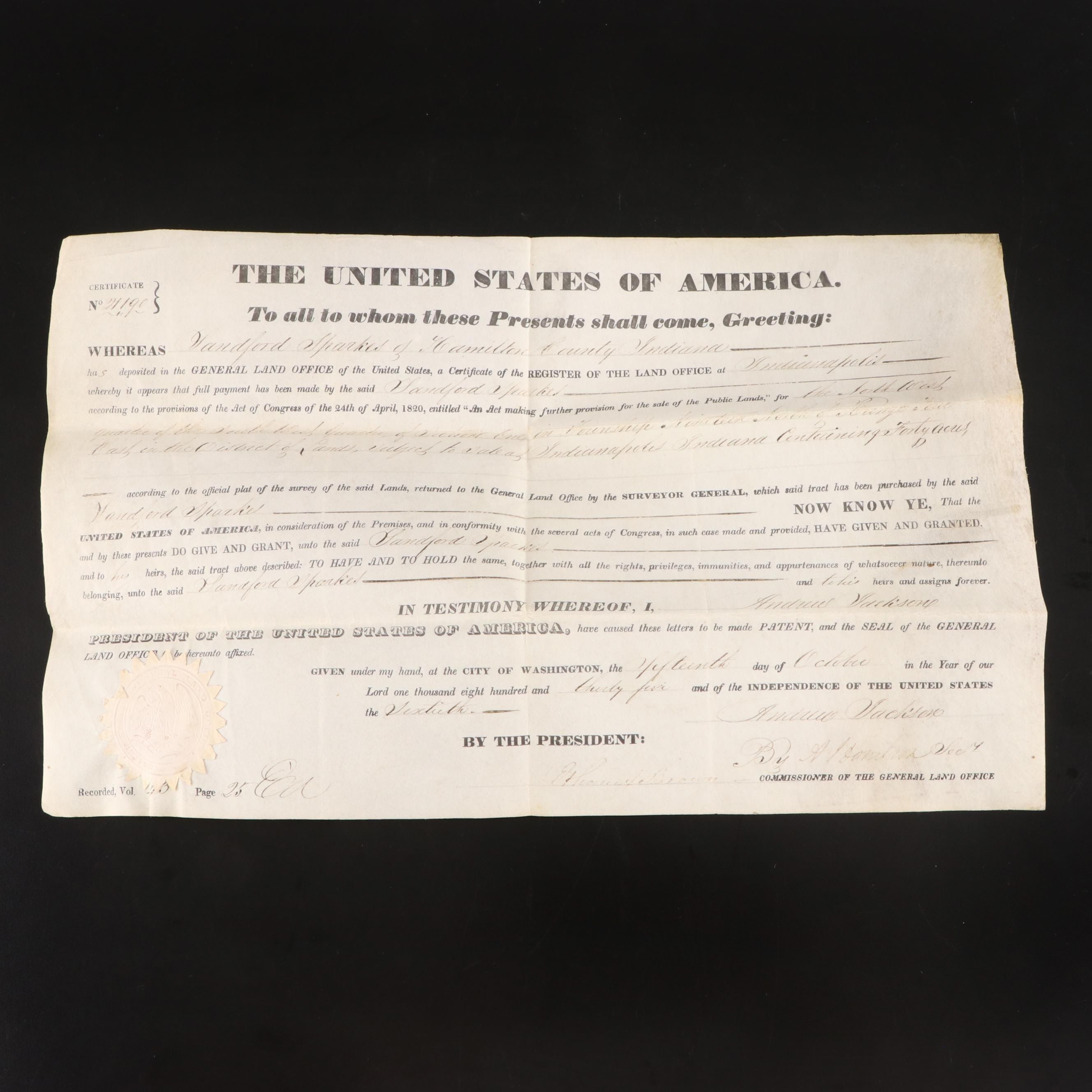 Hamilton County, Indiana Land Deed, 1835 EBTH