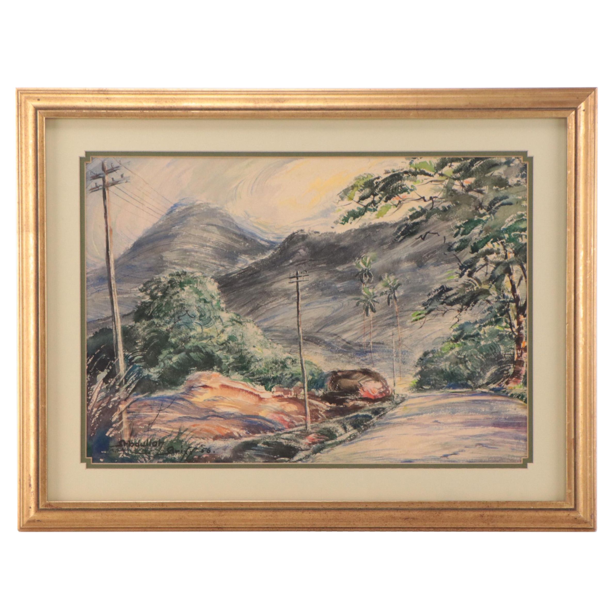 Abdullah Ariff Landscape Watercolor Painting "Hilly Road," 1956