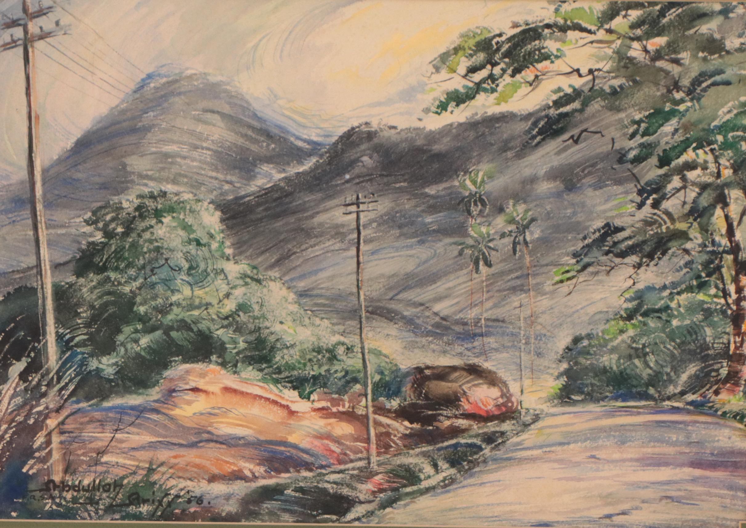 Abdullah Ariff Landscape Watercolor Painting "Hilly Road," 1956